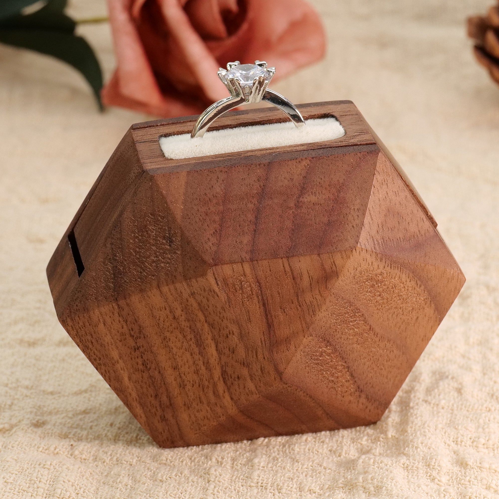 Yookin 3D Hexagonal-Shaped Fixed-Axis Rotating Ring Box - Premium Wood with Flat Facets & Smooth Rounded Intersections | Proposal Design