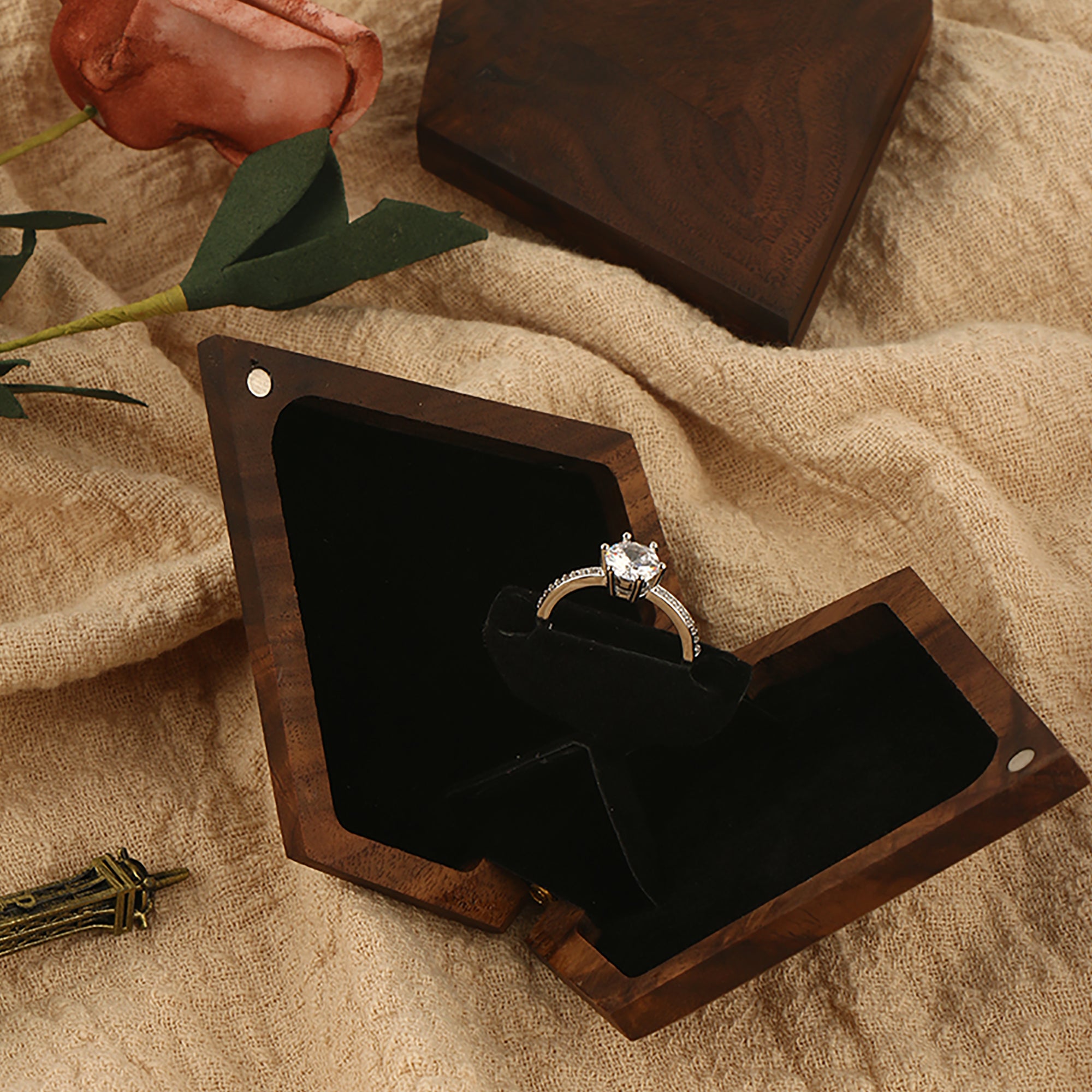3D Diamond-Shaped X-Style Rotating Ring Box - Premium Wood with Flat Facets & Smooth Rounded Joints | Designed for Proposal