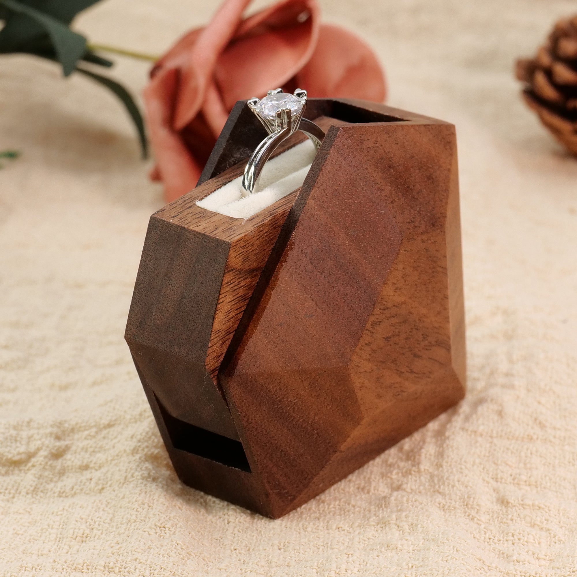 3D Diamond-Shaped Fixed-Axis Rotating Ring Box - Premium Wood with Flat Facets & Smooth Rounded Intersections | Proposal Design