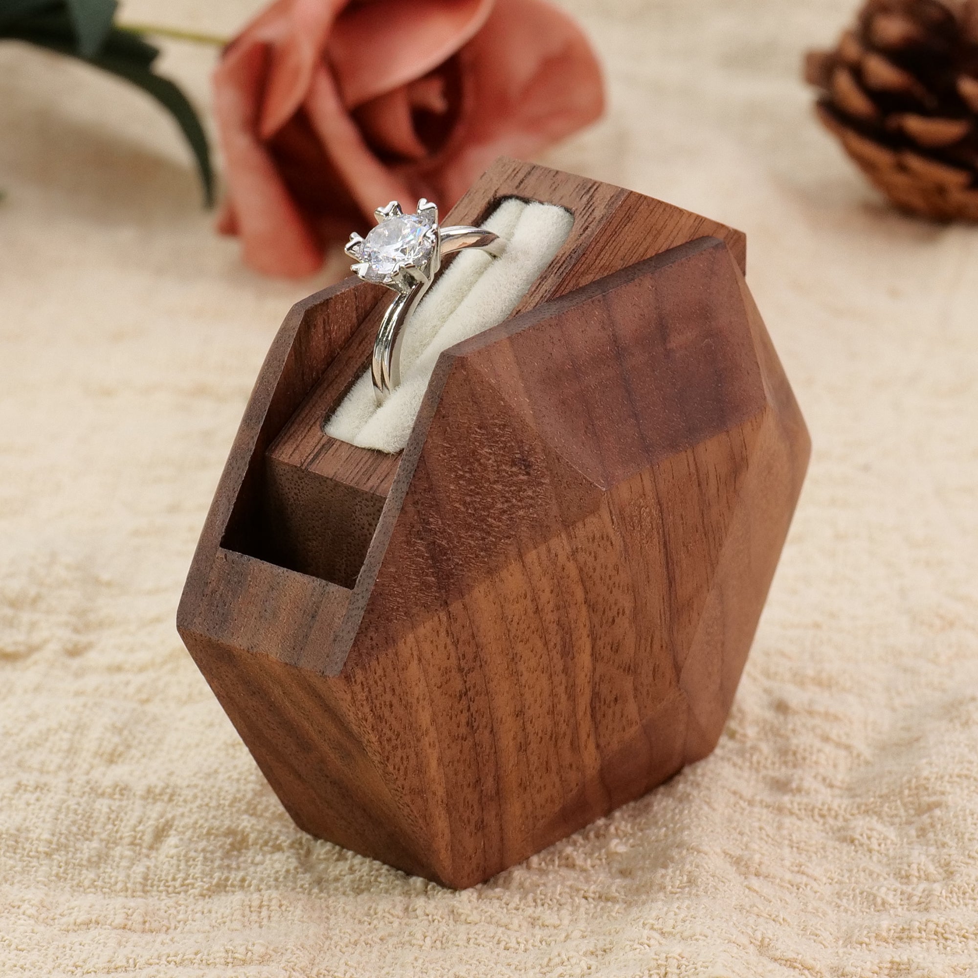 Yookin 3D Hexagonal-Shaped Fixed-Axis Rotating Ring Box - Premium Wood with Flat Facets & Smooth Rounded Intersections | Proposal Design