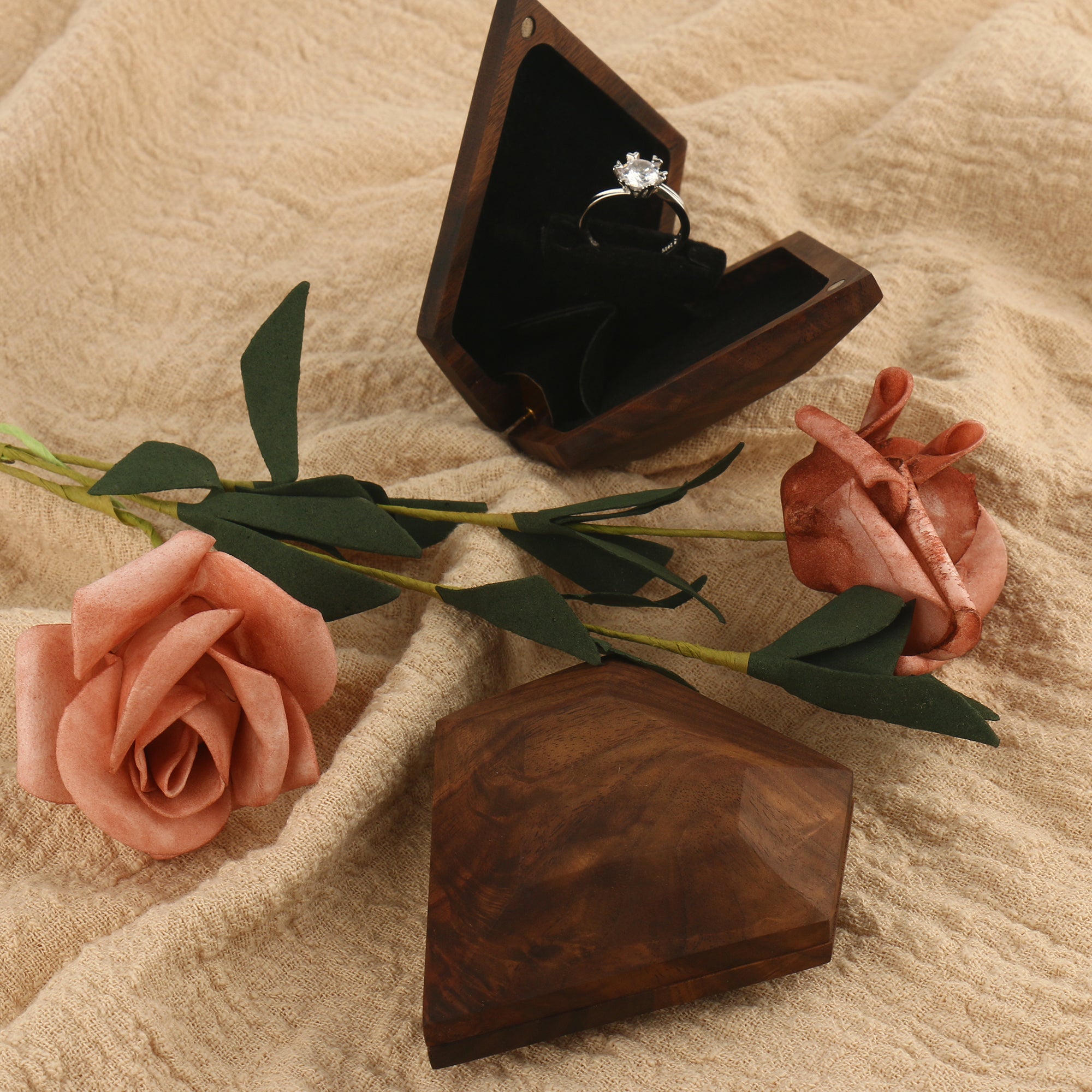 3D Diamond-Shaped X-Style Rotating Ring Box - Premium Wood with Flat Facets & Smooth Rounded Joints | Designed for Proposal
