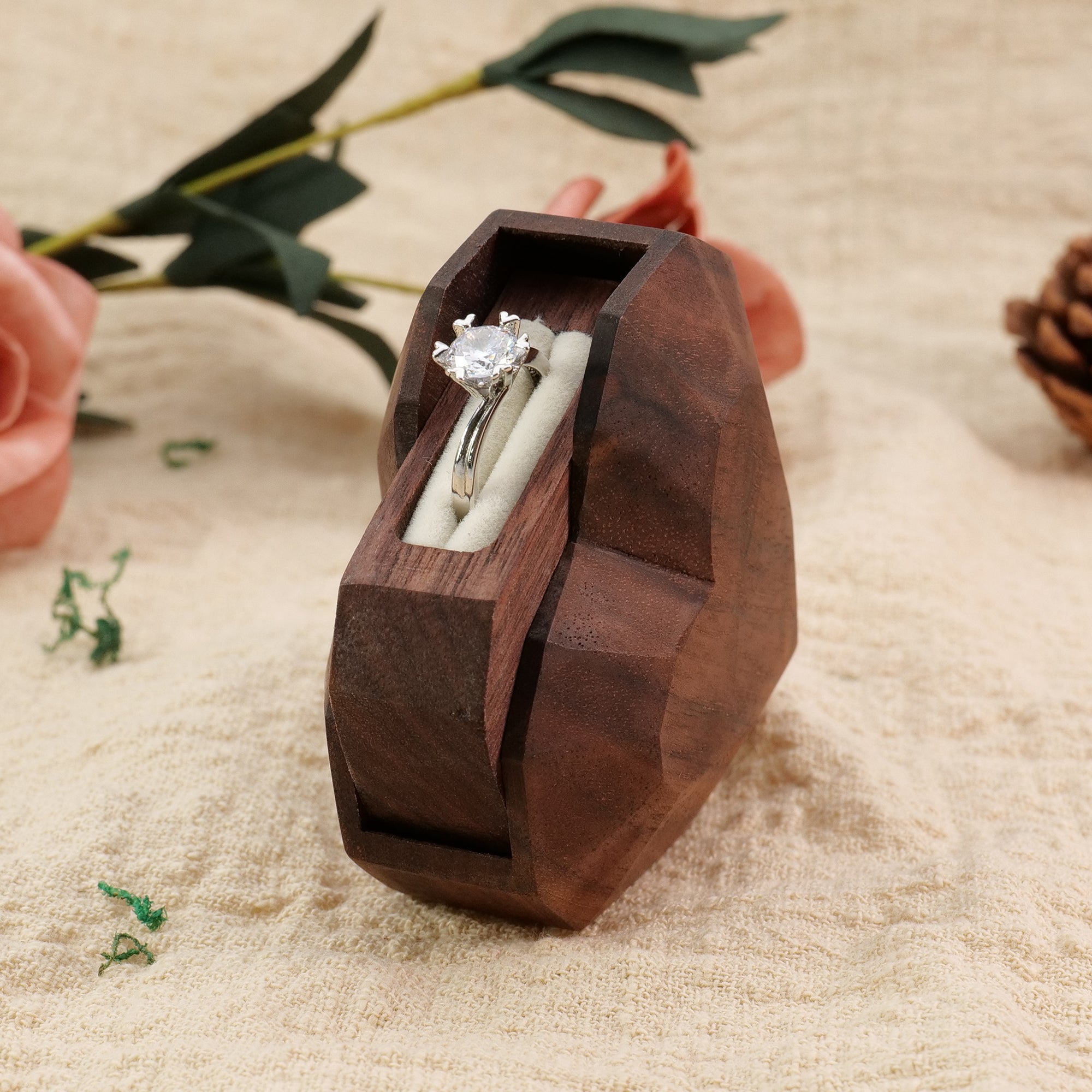 3D Heart-Shaped Fixed-Axis Rotating Ring Box - Premium Wood with Flat Facets & Smooth Rounded Intersections | Proposal Design