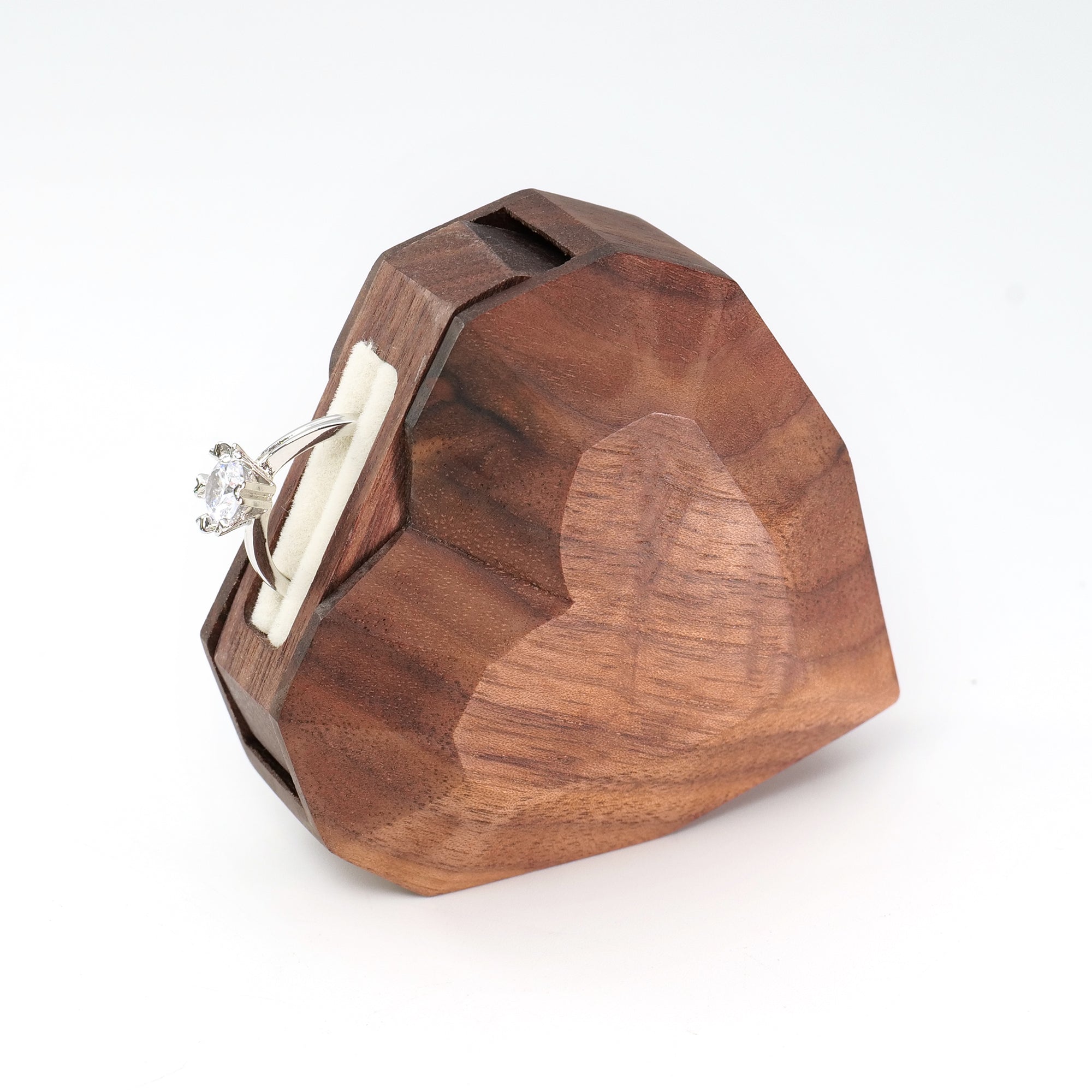 3D Heart-Shaped Fixed-Axis Rotating Ring Box - Premium Wood with Flat Facets & Smooth Rounded Intersections | Proposal Design