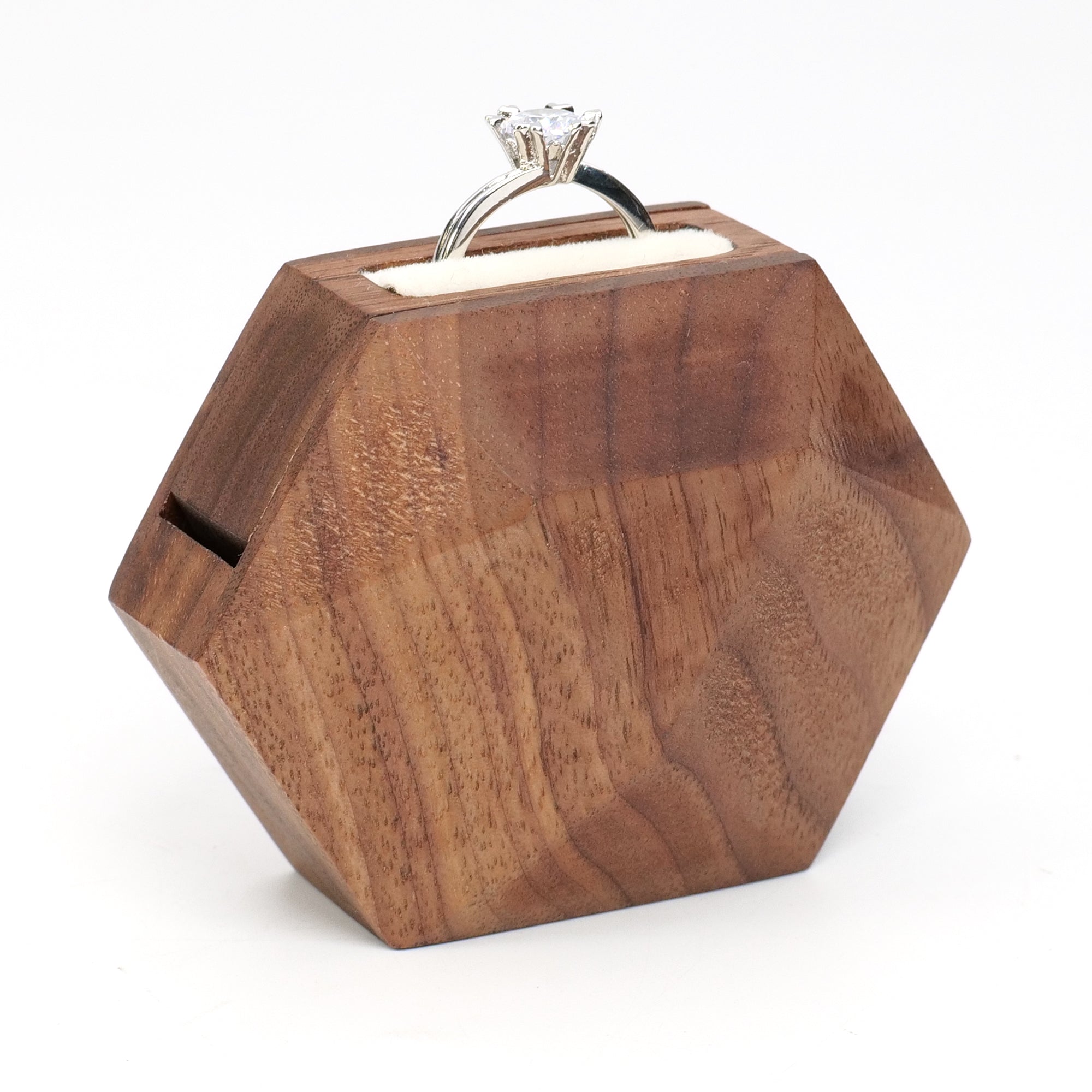 Yookin 3D Hexagonal-Shaped Fixed-Axis Rotating Ring Box - Premium Wood with Flat Facets & Smooth Rounded Intersections | Proposal Design