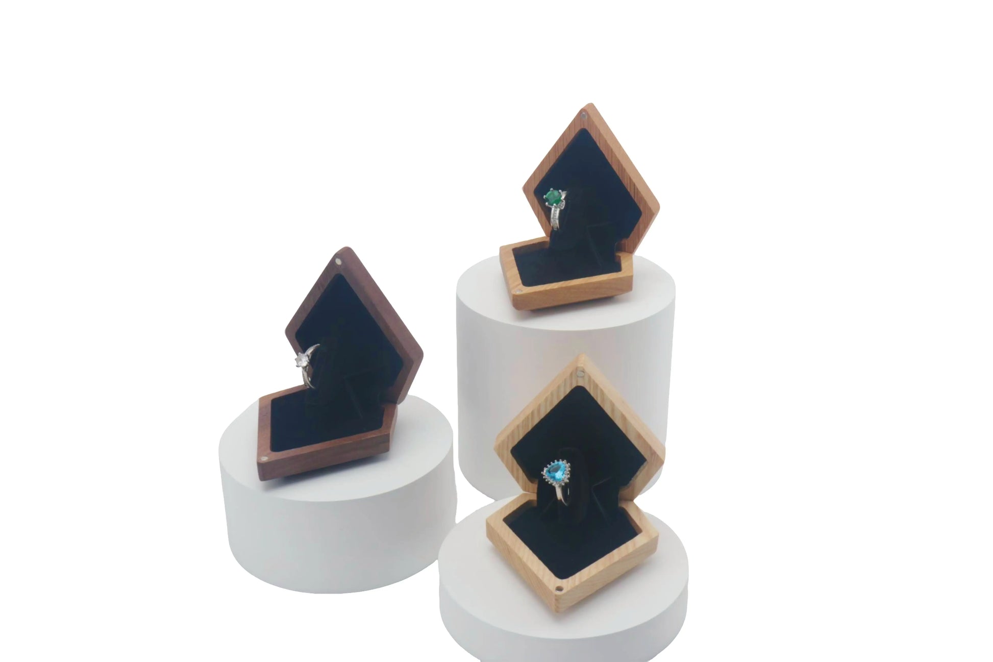 Black walnut, ash wood, and white oak 3D diamond-shaped ring boxes open with ring - three premium wood finishes with velvet ring holder