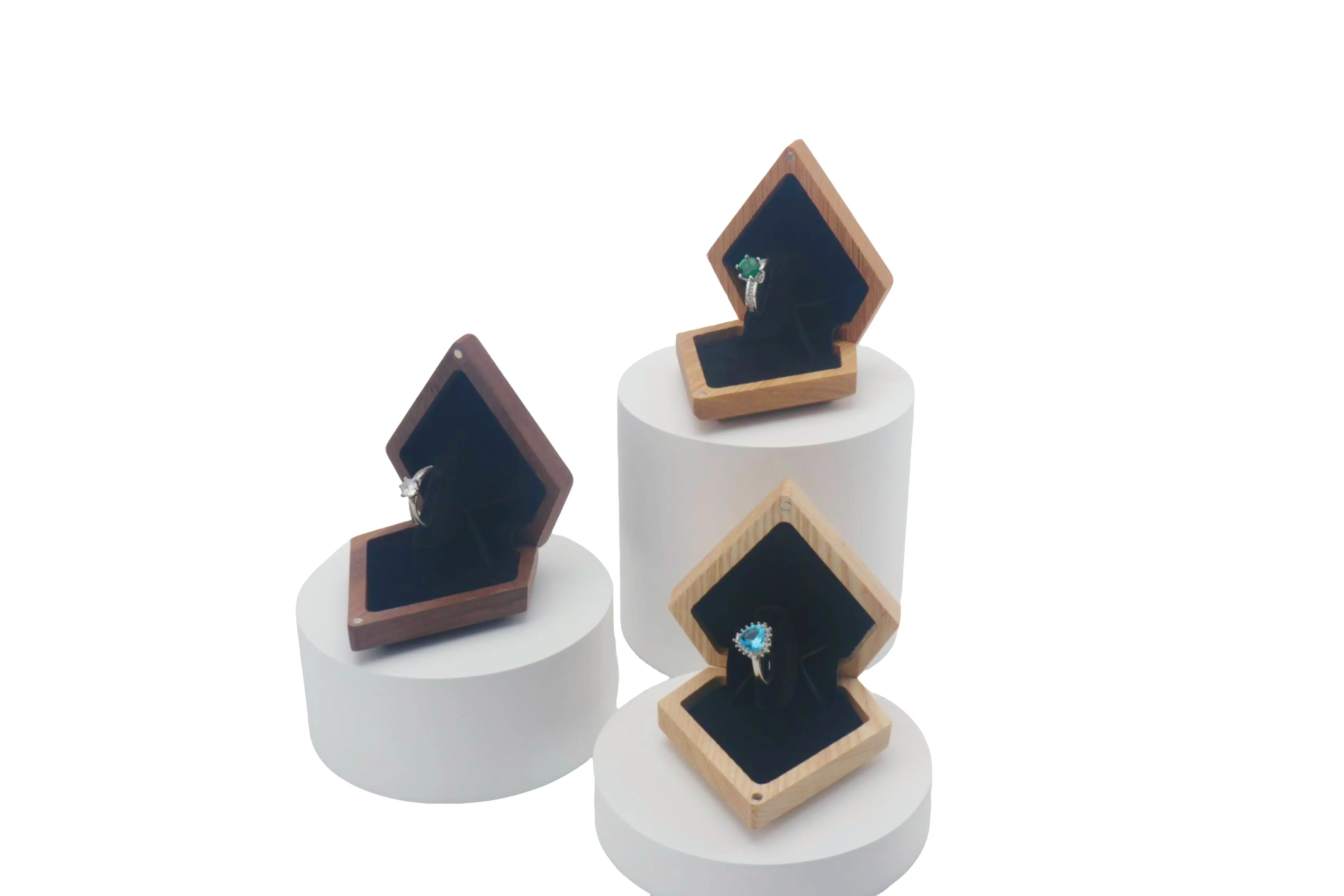 Black walnut, ash wood, and white oak 3D diamond-shaped ring boxes open with ring - three premium wood finishes with velvet ring holder