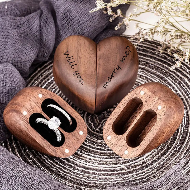 Yookin heart-shaped double slot ring box with four magnetic closures, shown closed and open in separate halves