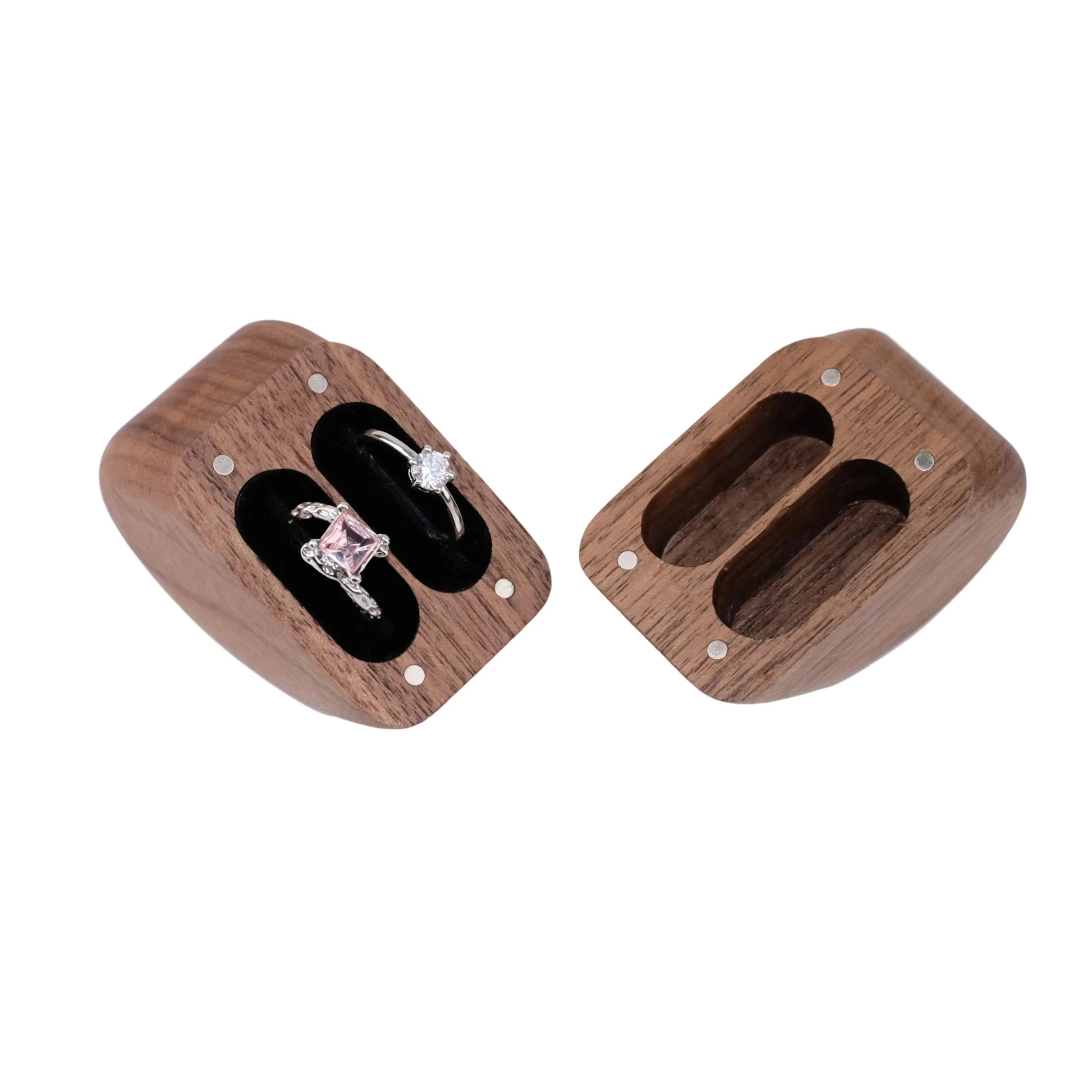  Heart-shaped double ring box open with two rings - dual slot velvet lining for engagement and wedding bands