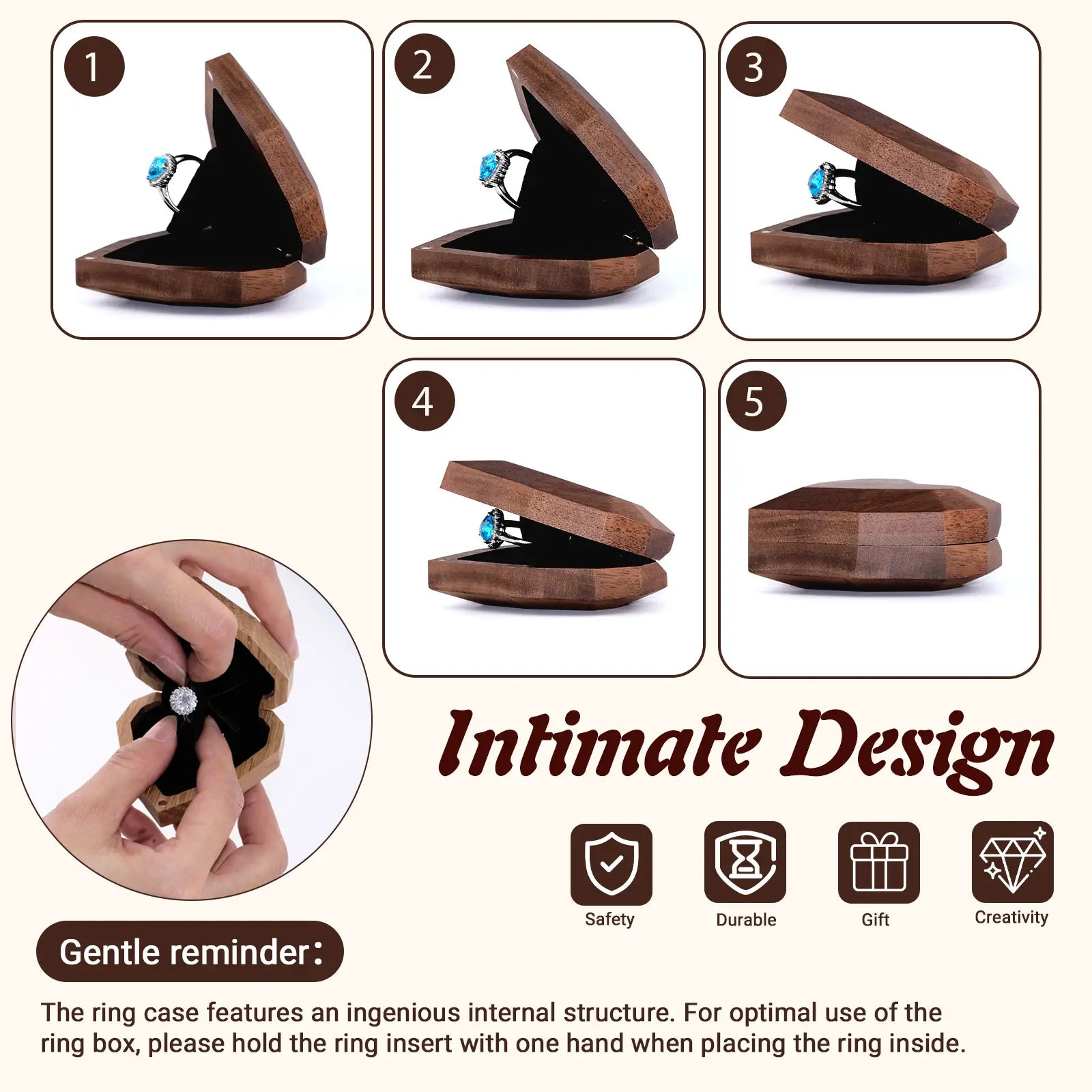 3D heart-shaped rotating ring box 5-angle display collage with care instructions - multi-perspective showcase