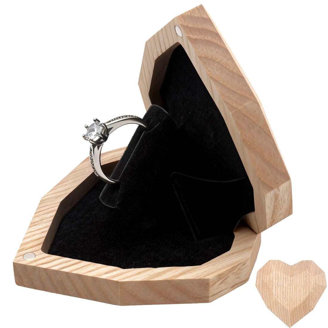 Black walnut 3D geometric faceted heart-shaped wooden ring box with flat angled edges, perfect for engagement and proposal