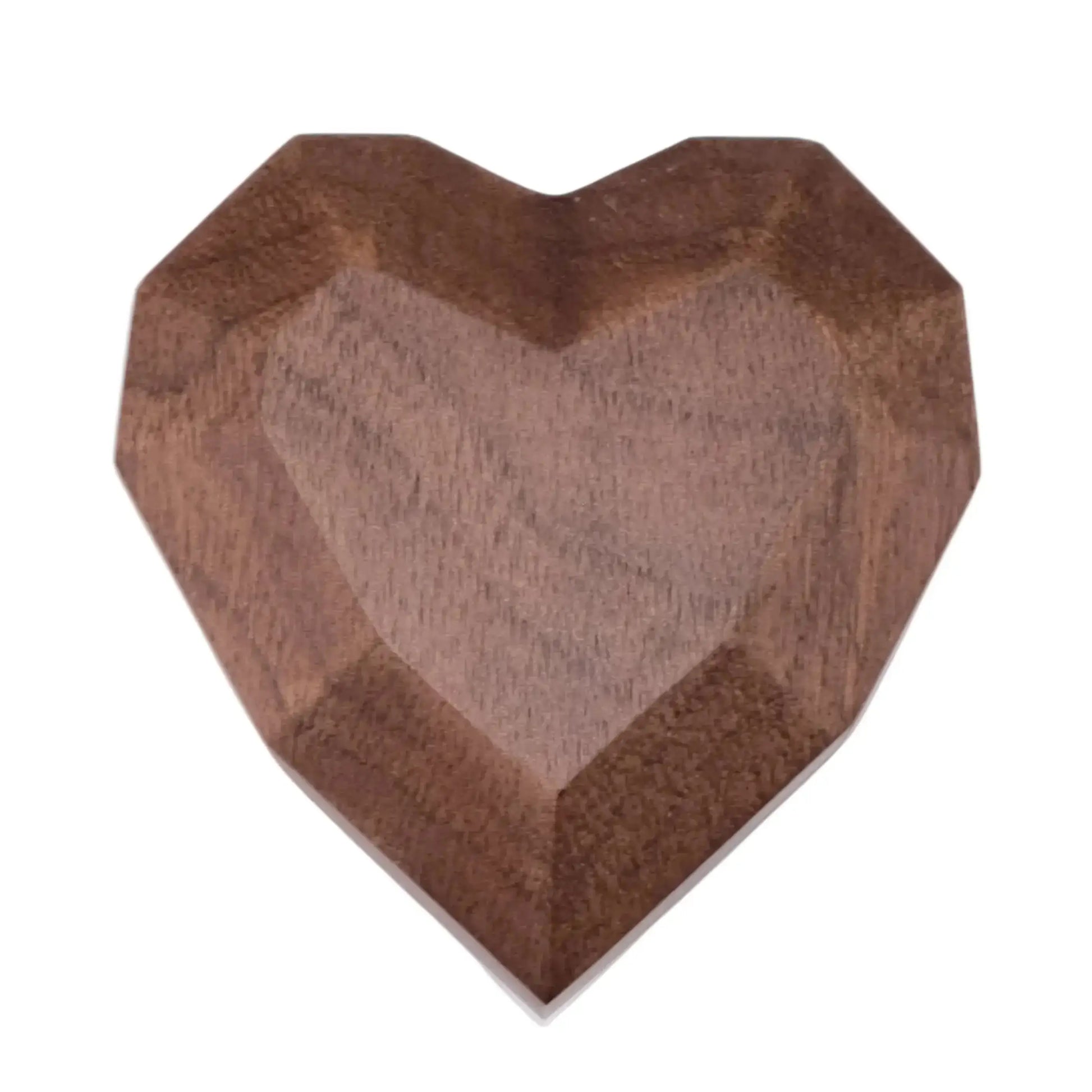 Black walnut 3D geometric faceted heart-shaped wooden ring box with flat angled edges, perfect for engagement and proposal