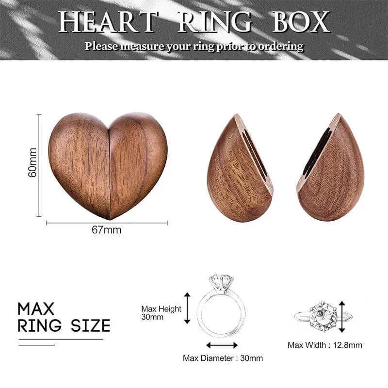 Dimension diagram of Yookin heart ring box showing product measurements and compatible ring sizes