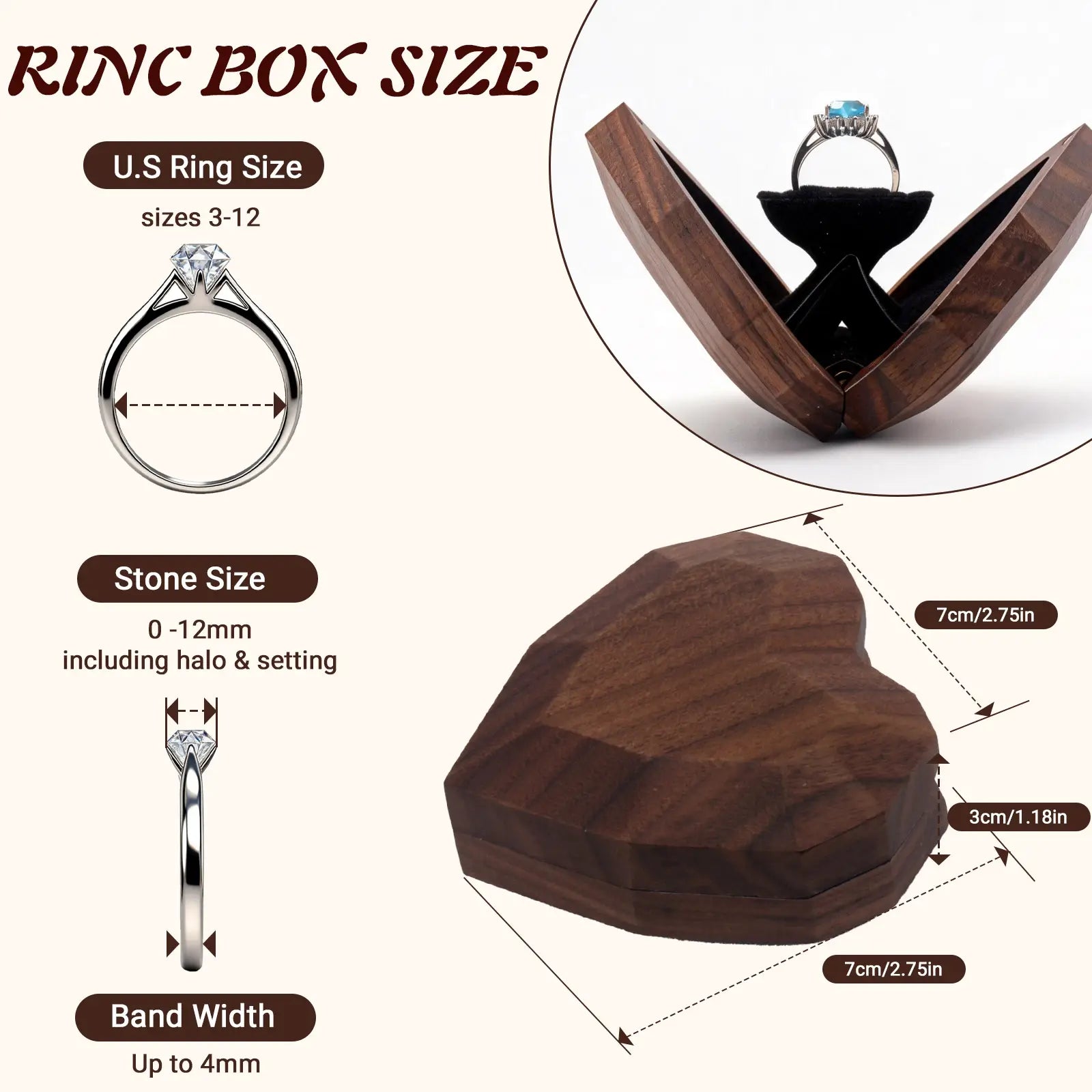3D heart-shaped rotating ring box size chart - product dimensions and compatible ring size guide