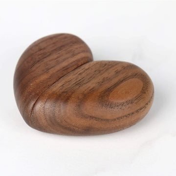 Walnut wood heart-shaped ring box closed - magnetic single slot proposal engagement ring box