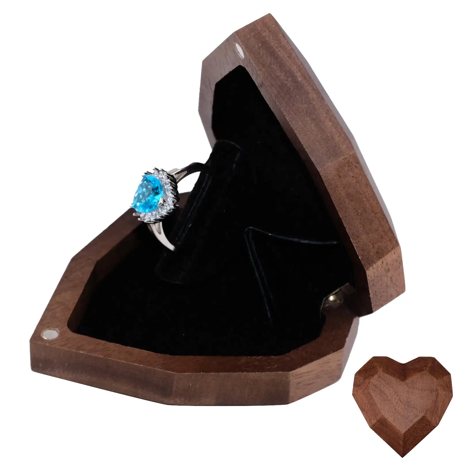 Black walnut 3D heart-shaped rotating ring box open display with closed state thumbnail - geometric faceted design