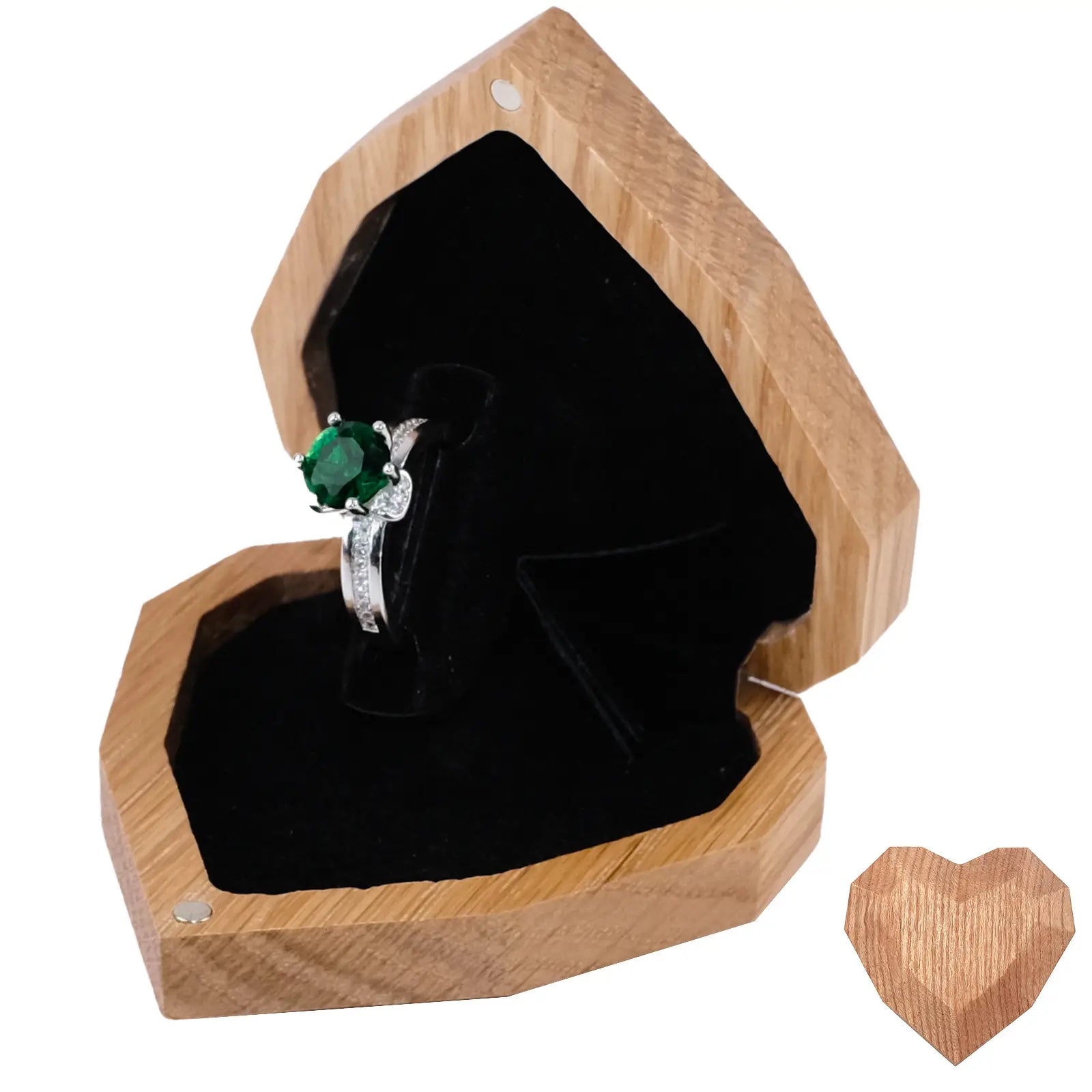  White oak 3D heart-shaped rotating ring box open display with closed state thumbnail - geometric faceted design