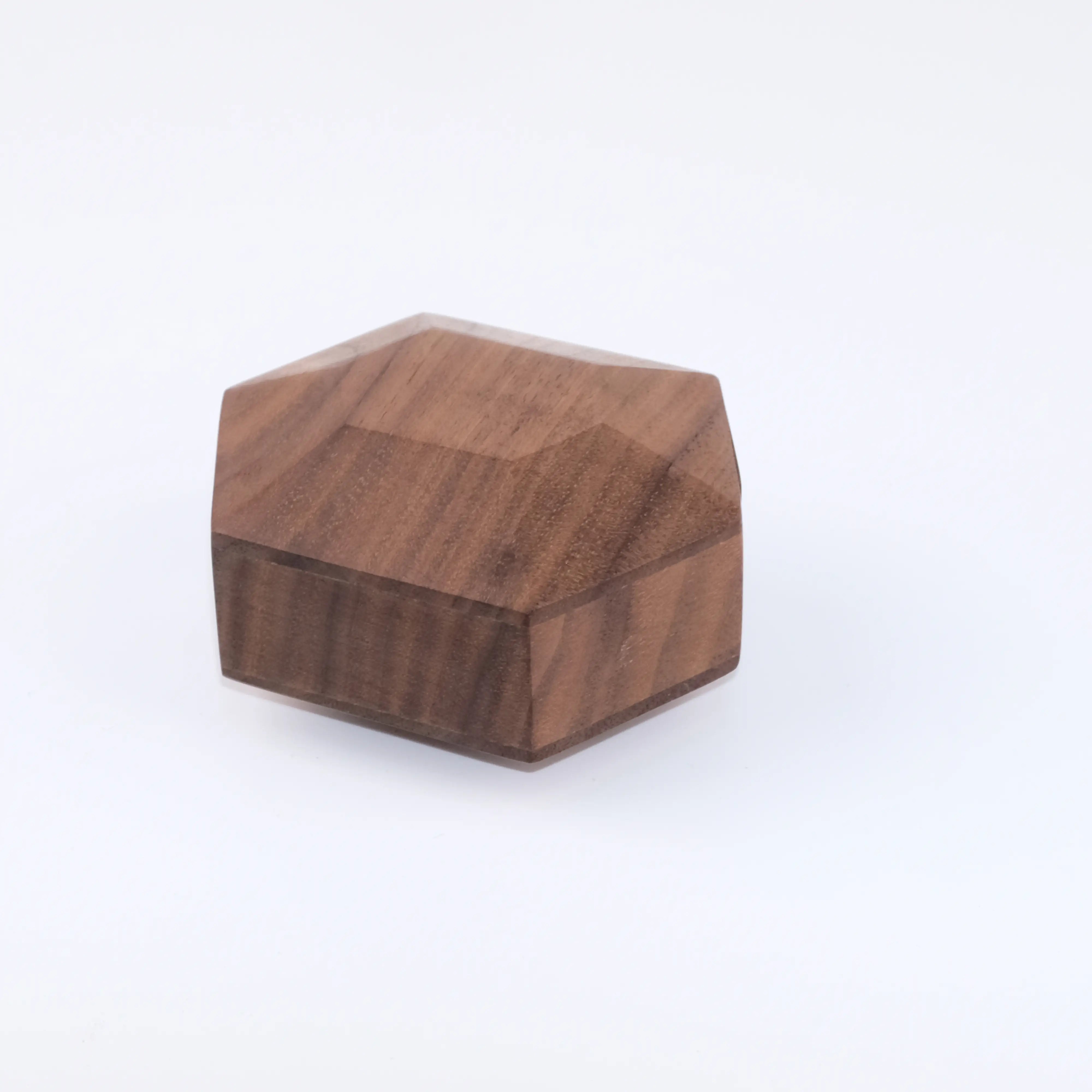 3D hexagonal rotating ring box side view - displaying premium wood craftsmanship and geometric profile