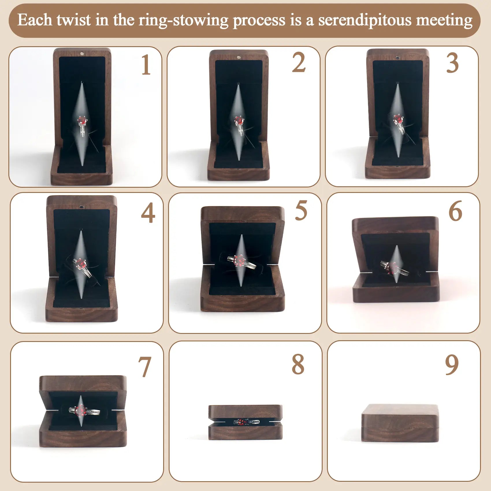 LED ring box 9-angle display collage - showcasing rotating ring holder and concealed soft lighting design