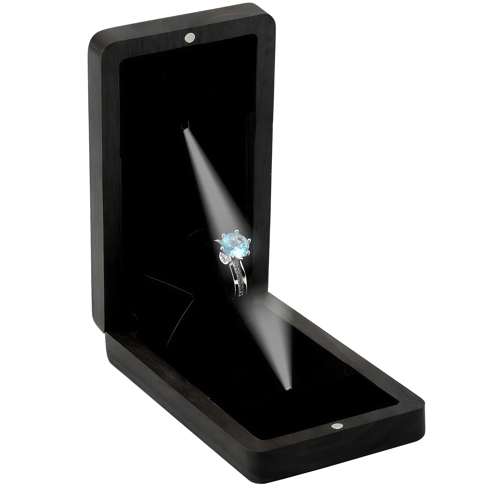 Black painted white oak LED ring box open with illuminated ring display - built-in soft glow lighting