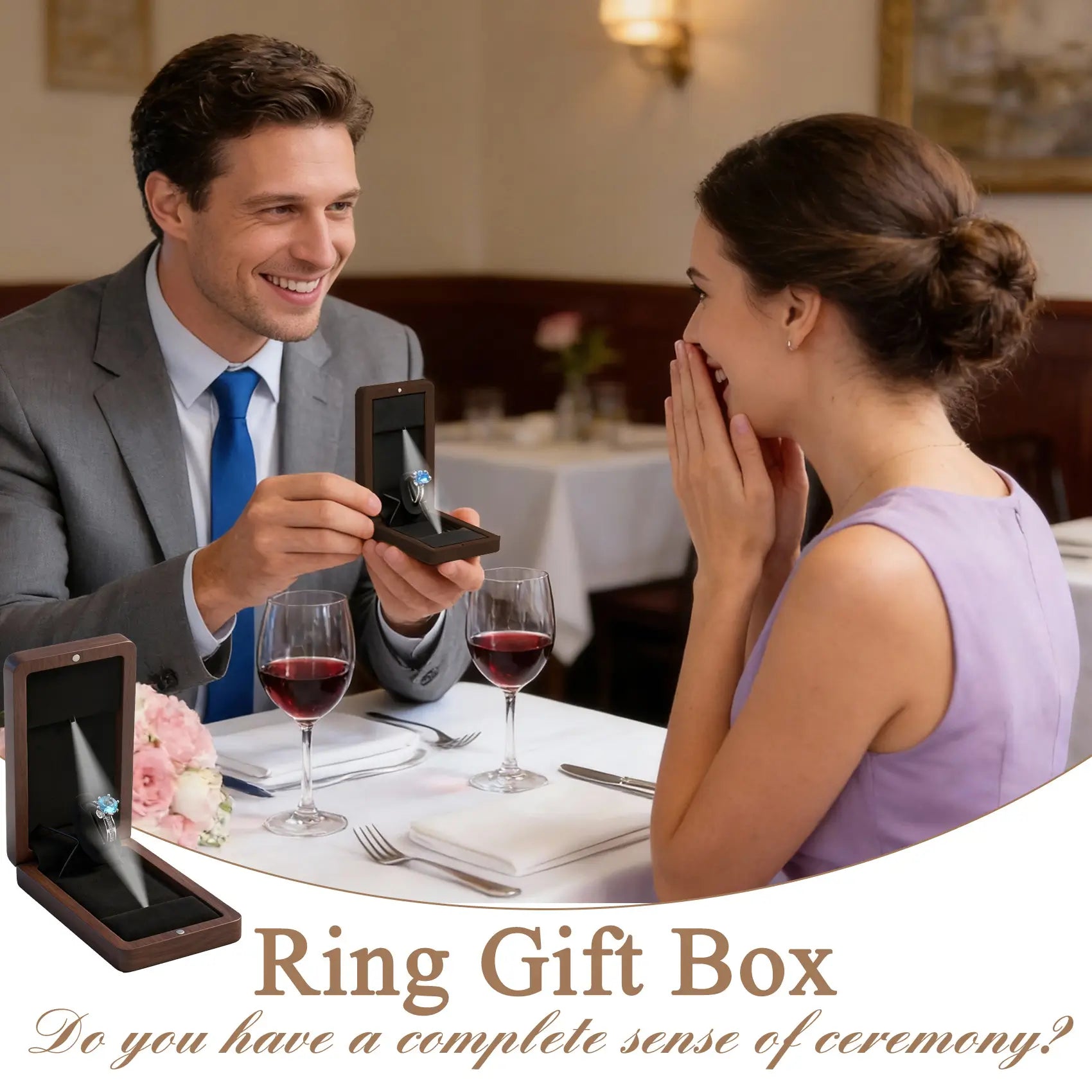 LED ring box presentation scene - romantic gift giving moment to woman