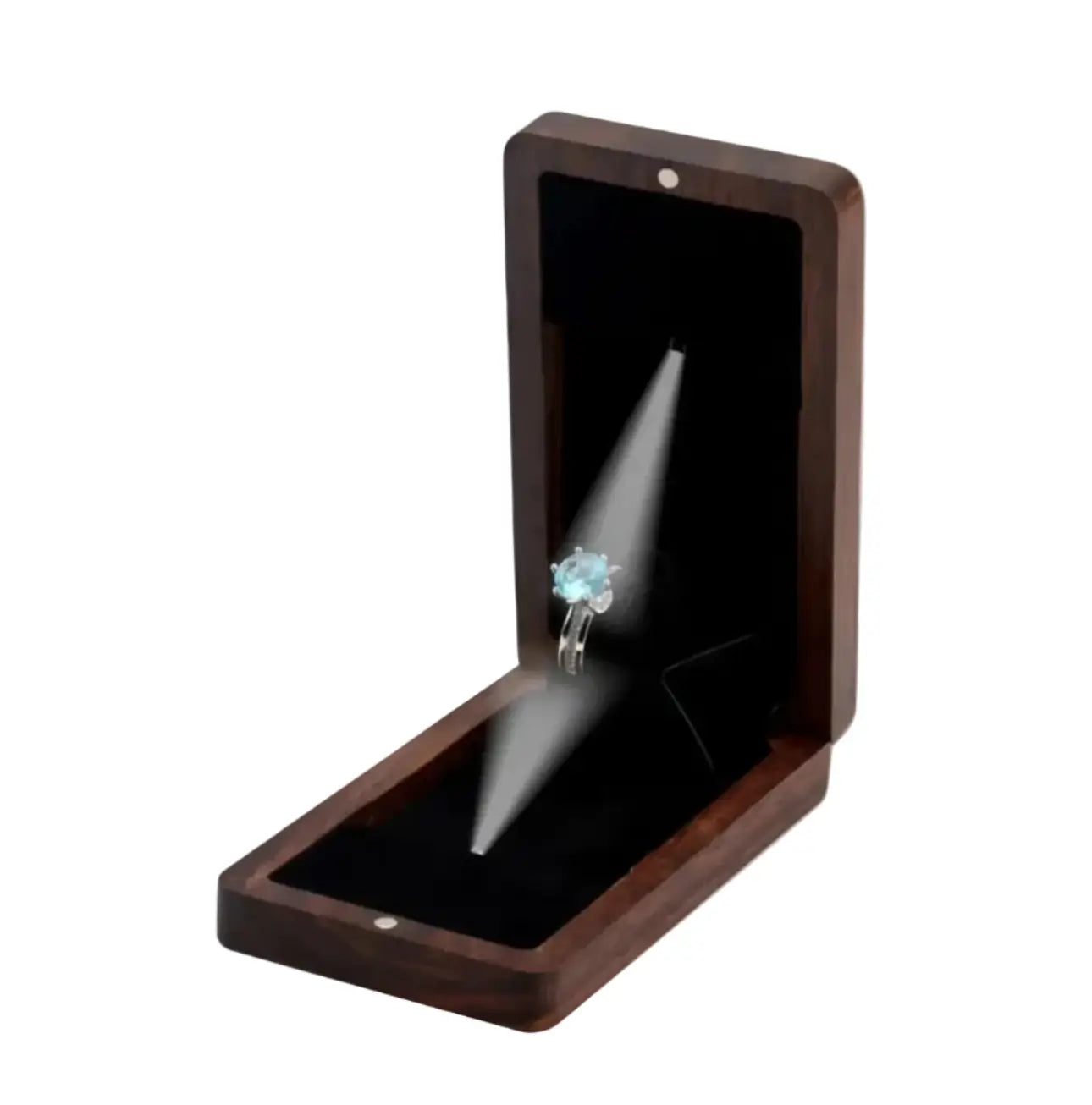 Black walnut LED ring box open with illuminated ring display - built-in soft glow lighting