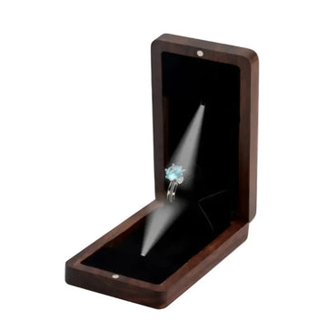Black walnut LED ring box open with illuminated ring display - built-in soft glow lighting