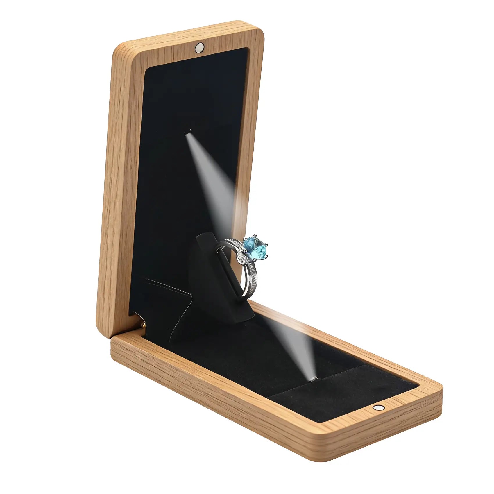  White oak LED ring box open with illuminated ring display - built-in soft glow lighting