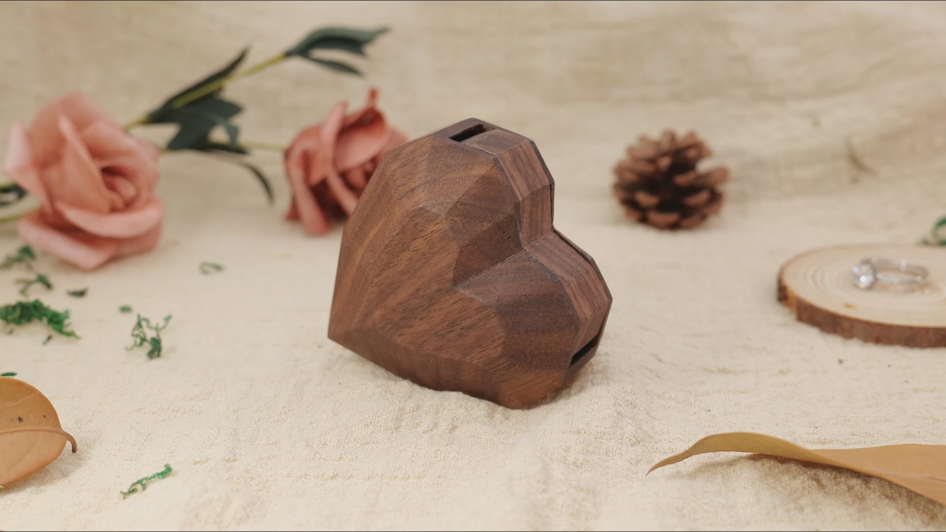 3D Heart-Shaped Fixed-Axis Rotating Ring Box - Premium Wood with Flat Facets & Smooth Rounded Intersections | Proposal Design