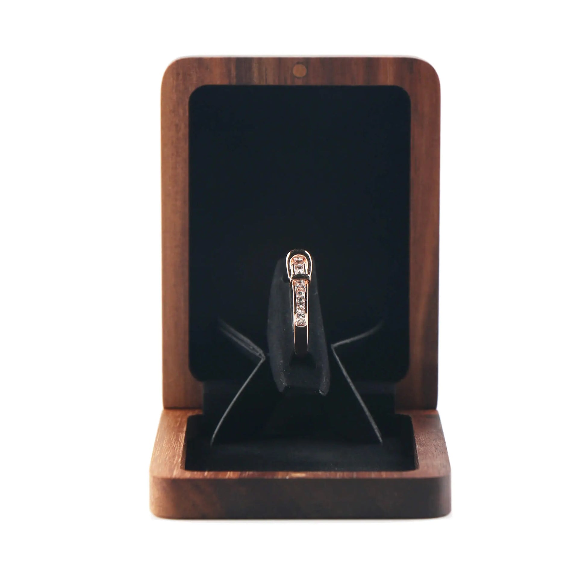  Premium wood kinetic spinning ring box open front view with ring - magnetic flip-top design