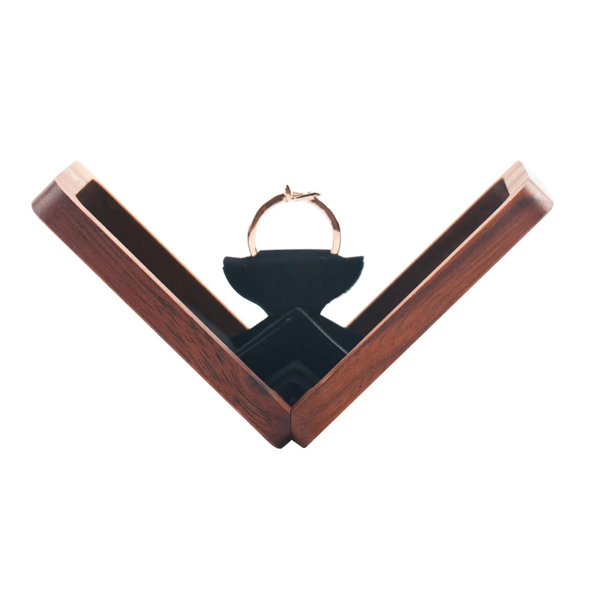 Premium wood kinetic spinning ring box open side view with ring - magnetic flip-top rotation mechanism