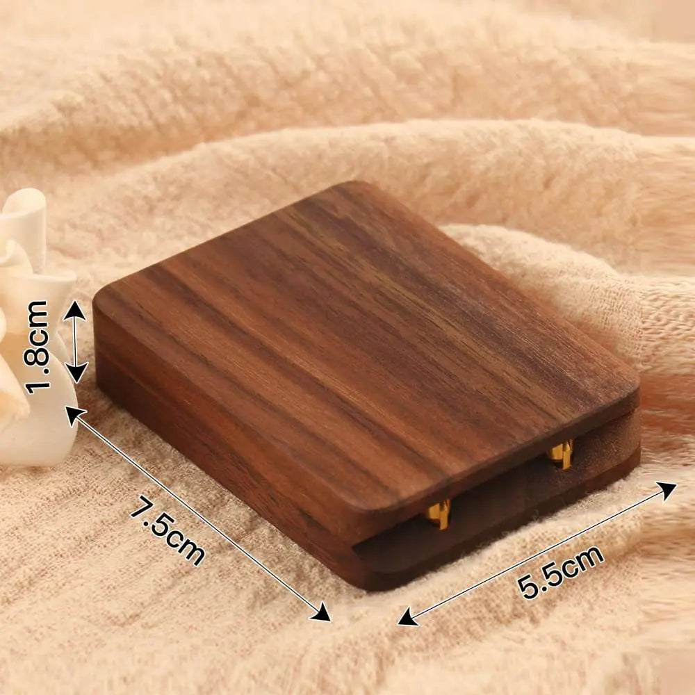 Premium wood kinetic spinning ring box open side view with ring - magnetic flip-top rotation mechanism