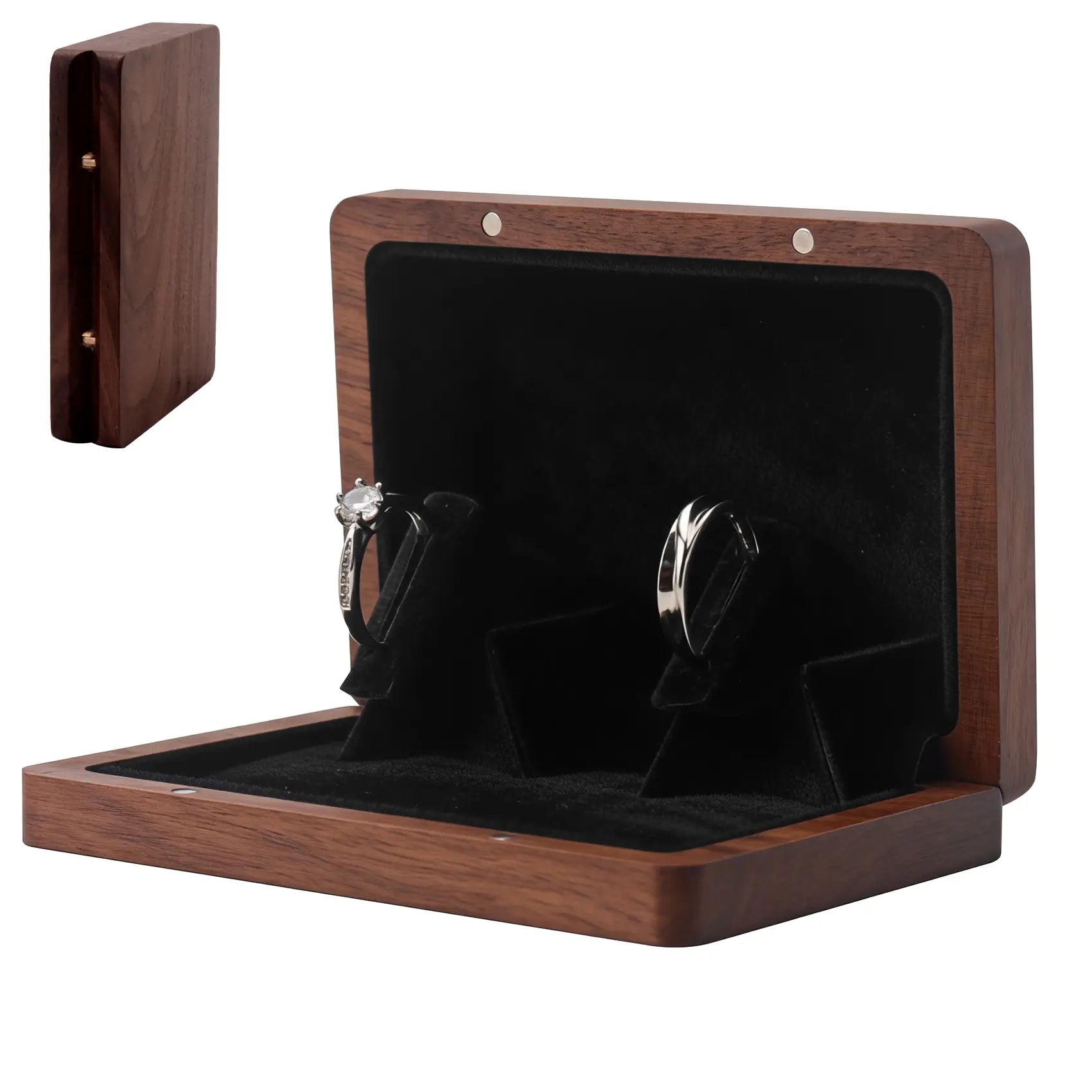 White background product shot of slim black walnut wooden ring box, open double slot slim ring box with velvet lining for wedding engagement rings