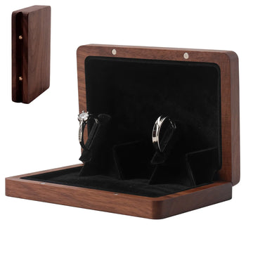 White background product shot of slim black walnut wooden ring box, open double slot slim ring box with velvet lining for wedding engagement rings