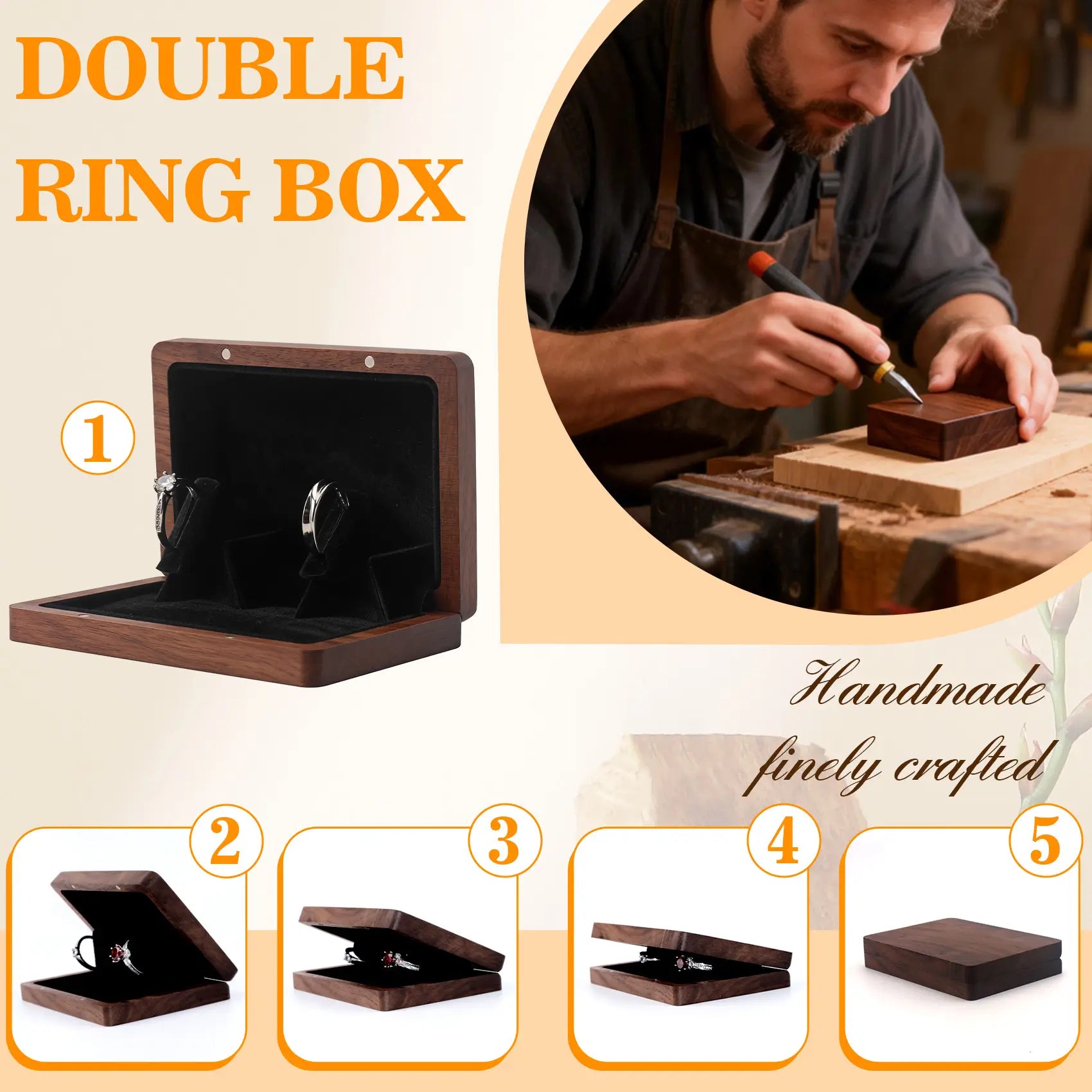 Slim black walnut wooden ring box multi-angle open display - handmade double slot rotating ring box showcasing velvet lining and wood craftsmanship