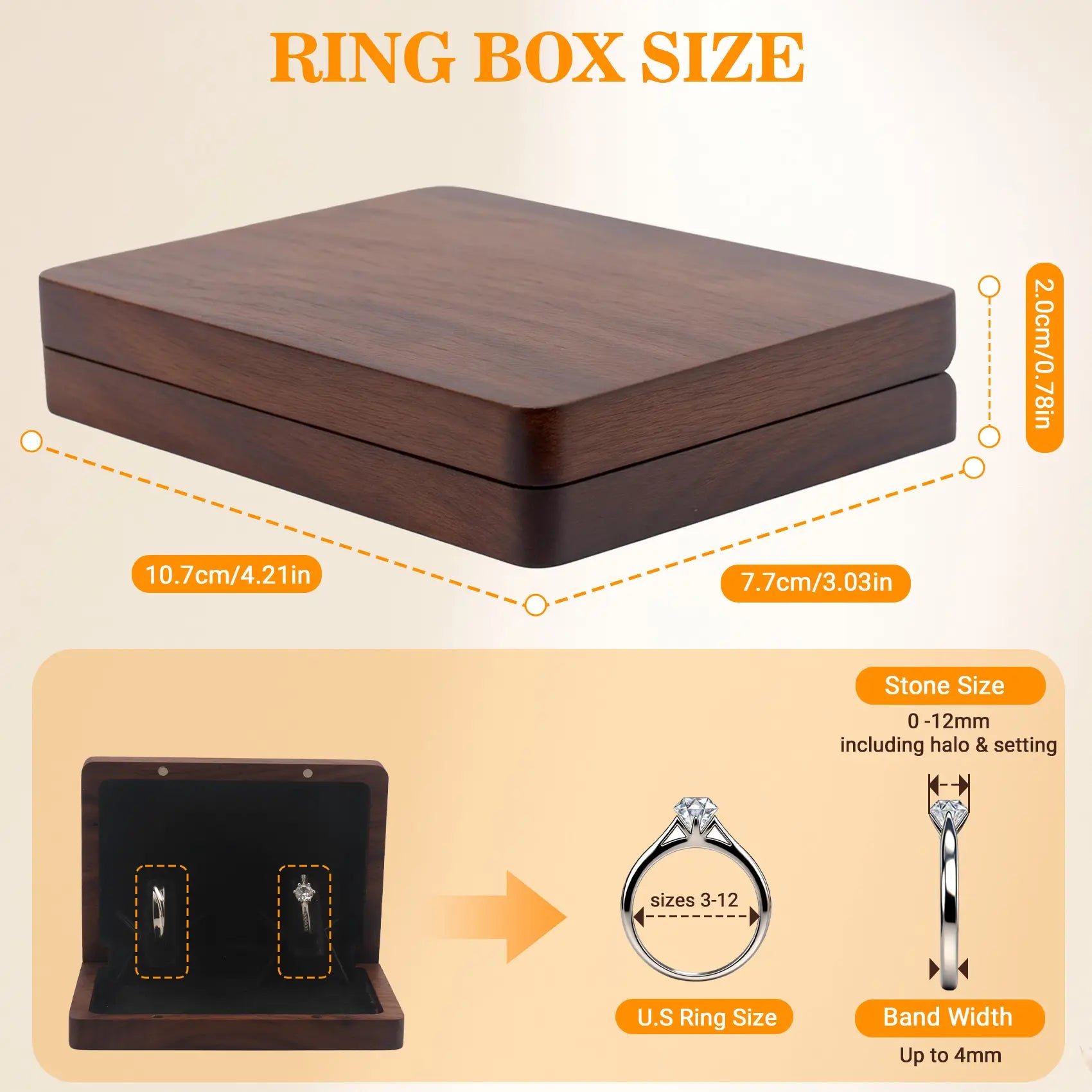 Size and dimension guide for slim black walnut wooden ring box, double slot slim ring box compatible ring size specification for engagement wedding rings