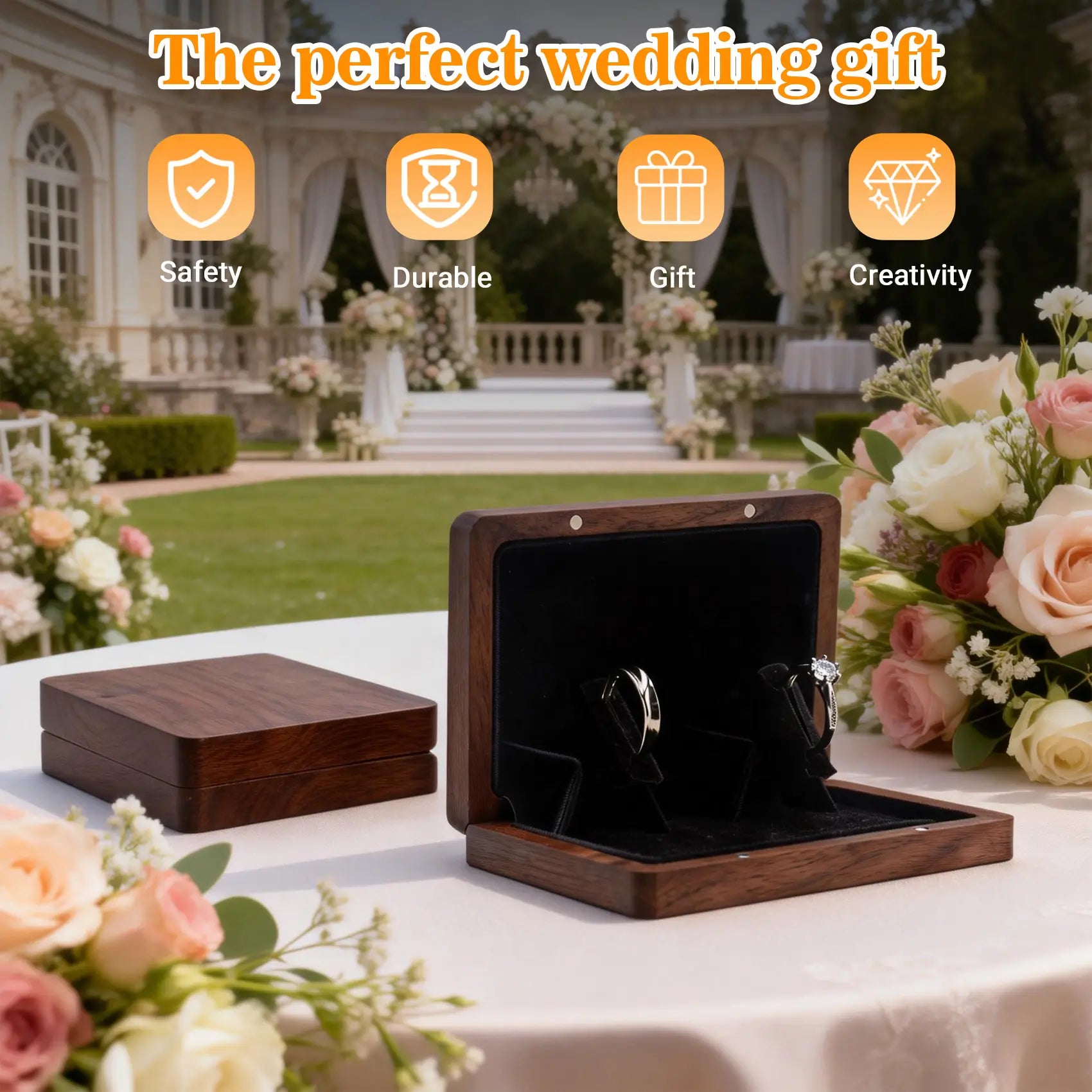 Slim black walnut wooden ring box displayed on wedding ceremony table, elegant slim ring box with floral decor for wedding engagement proposal