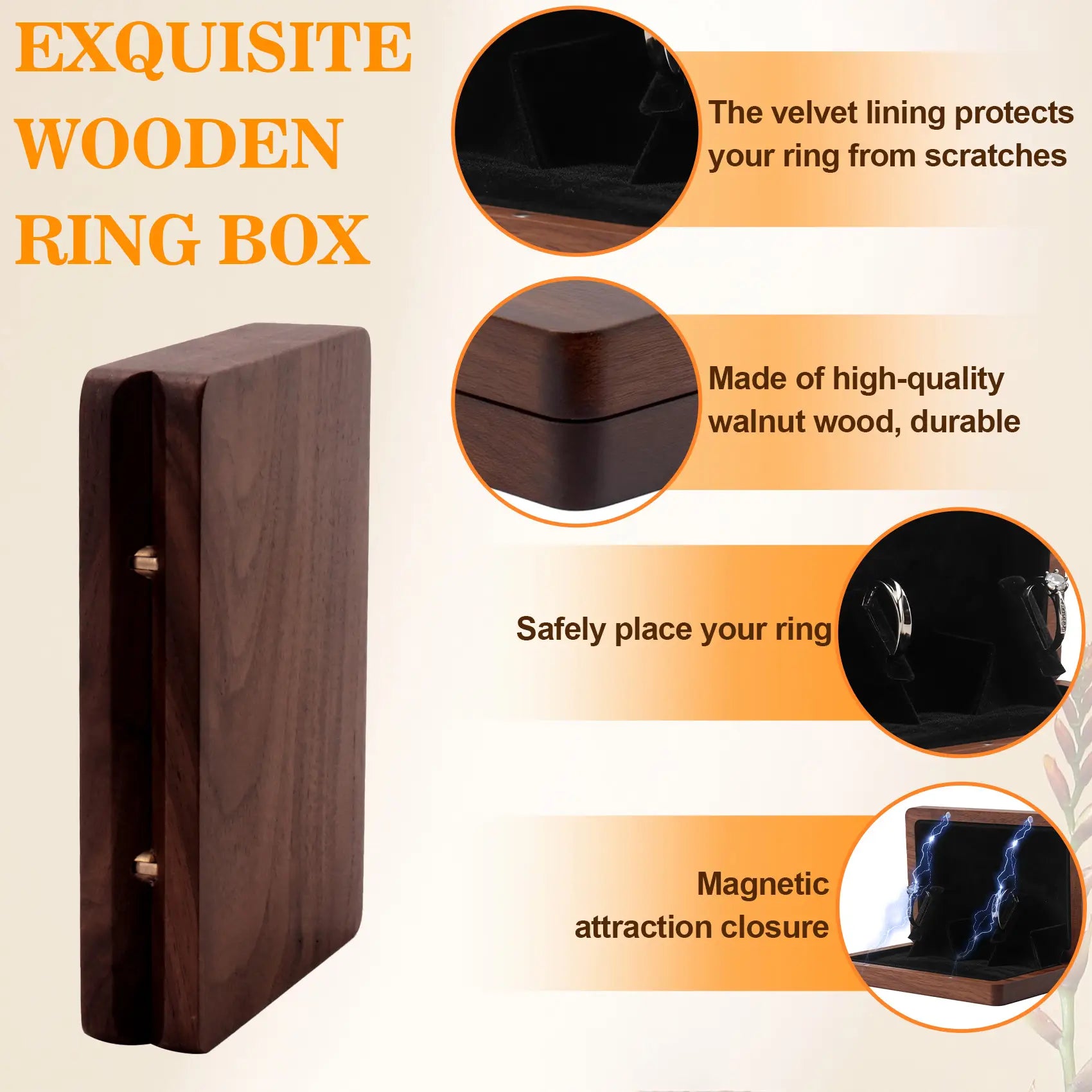 Premium slim black walnut wooden ring box, slim ring box key features display with velvet lining, solid wood material, magnetic closure, scratch protection for wedding rings