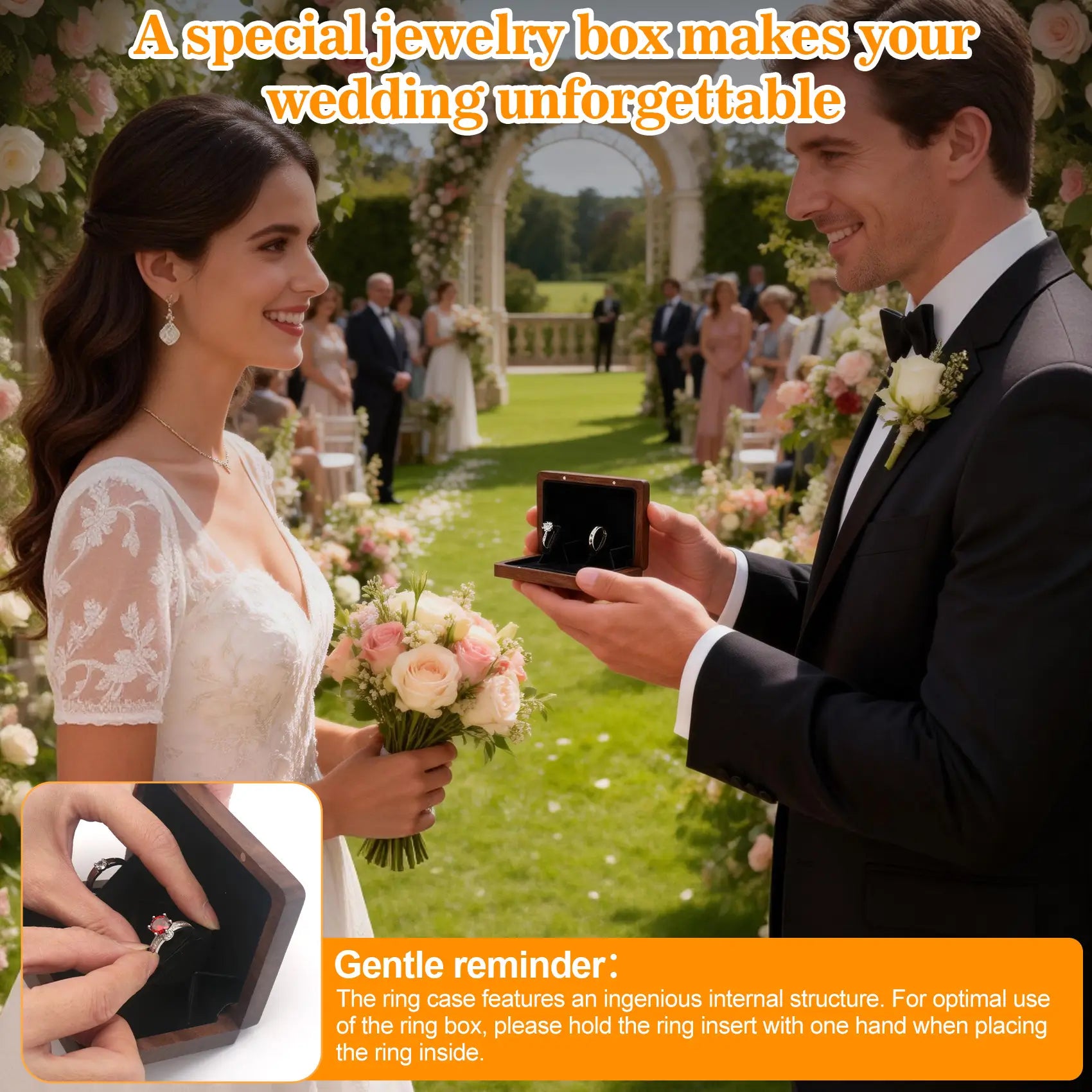 Slim black walnut wooden ring box used in wedding ceremony, slim ring box for bride and groom with gentle operation guide for ring placement