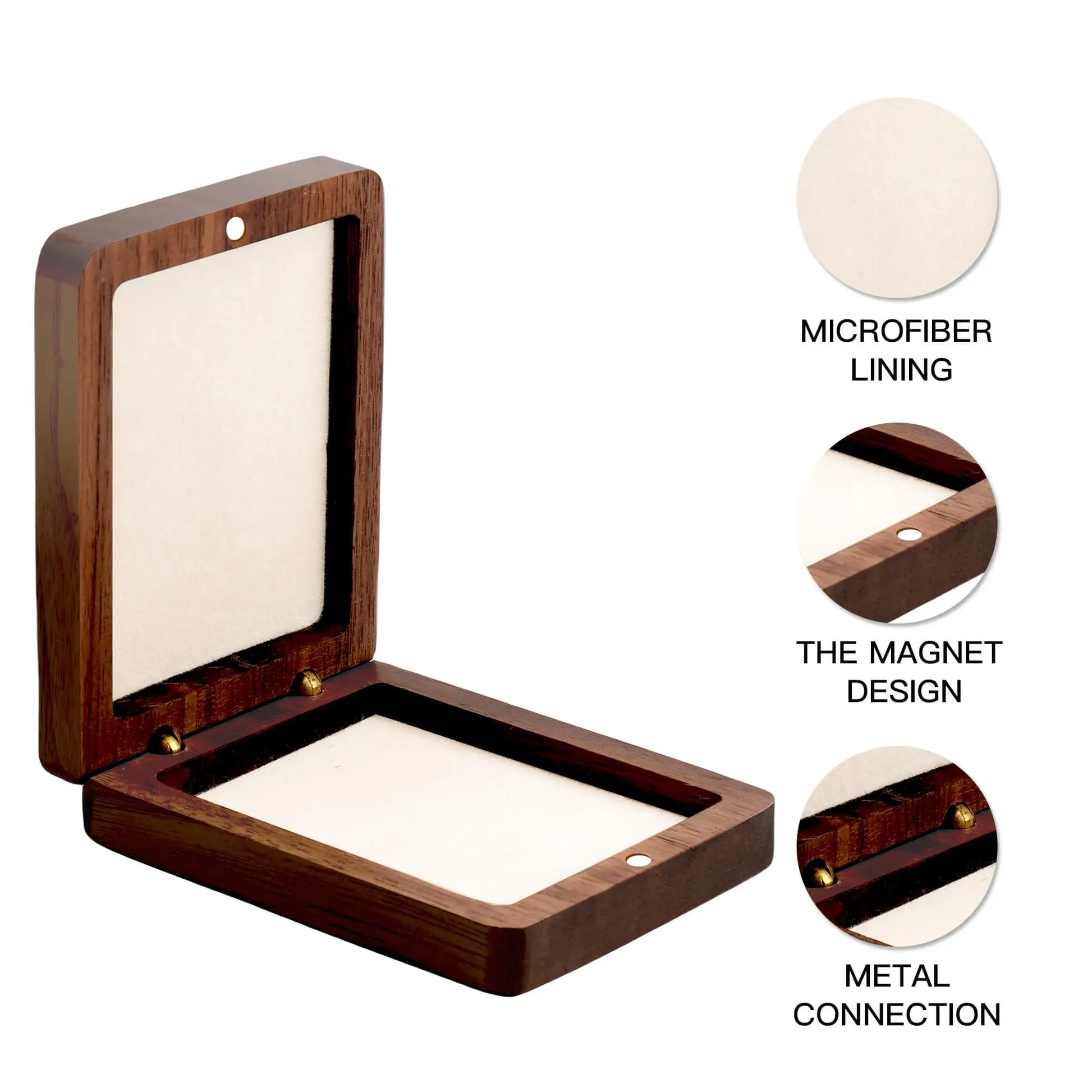  Vintage wooden medal box 3 key features - microfiber lining, magnet design, metal connection hinges