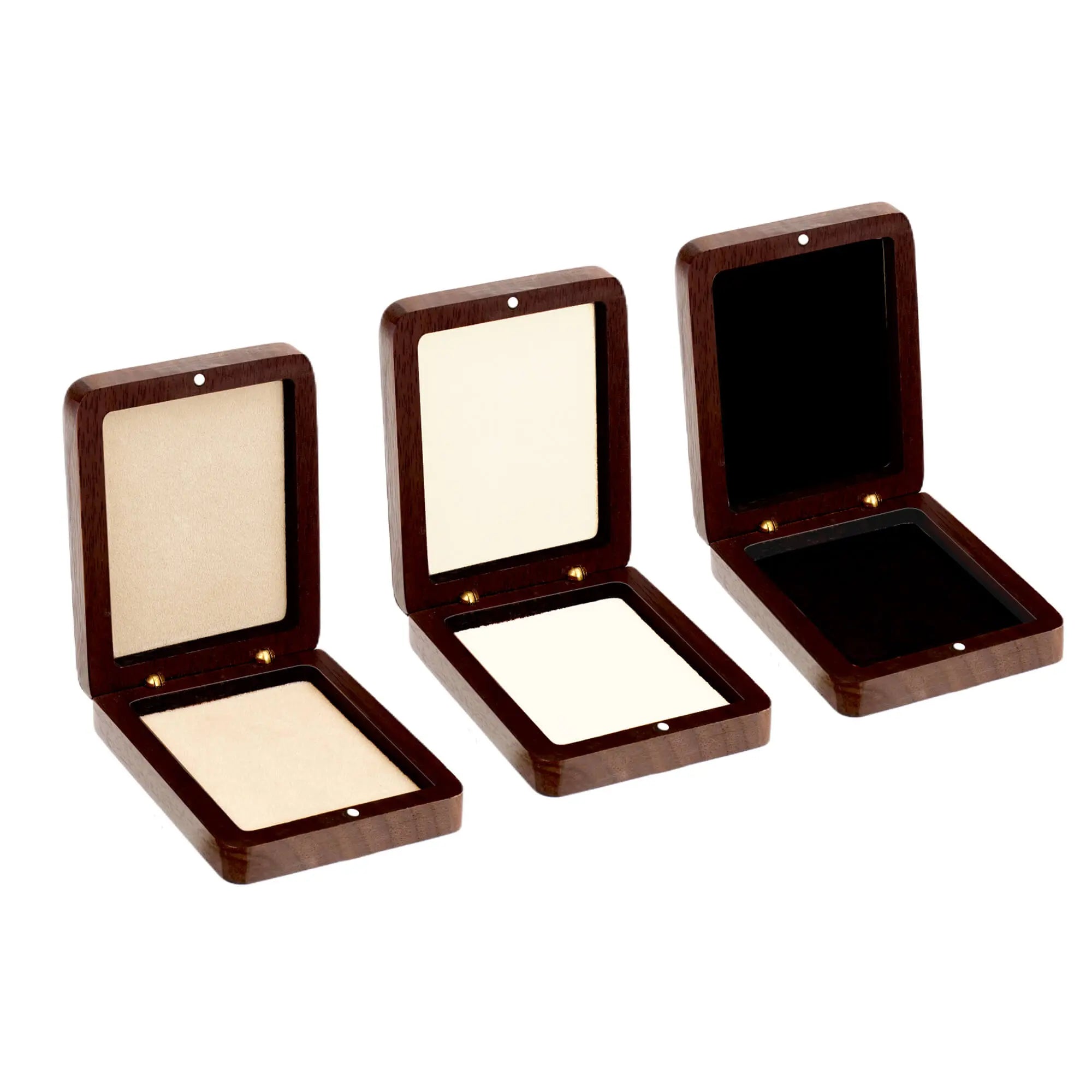 Vintage wooden medal boxes with three interior lining colors - microfiber cushion options