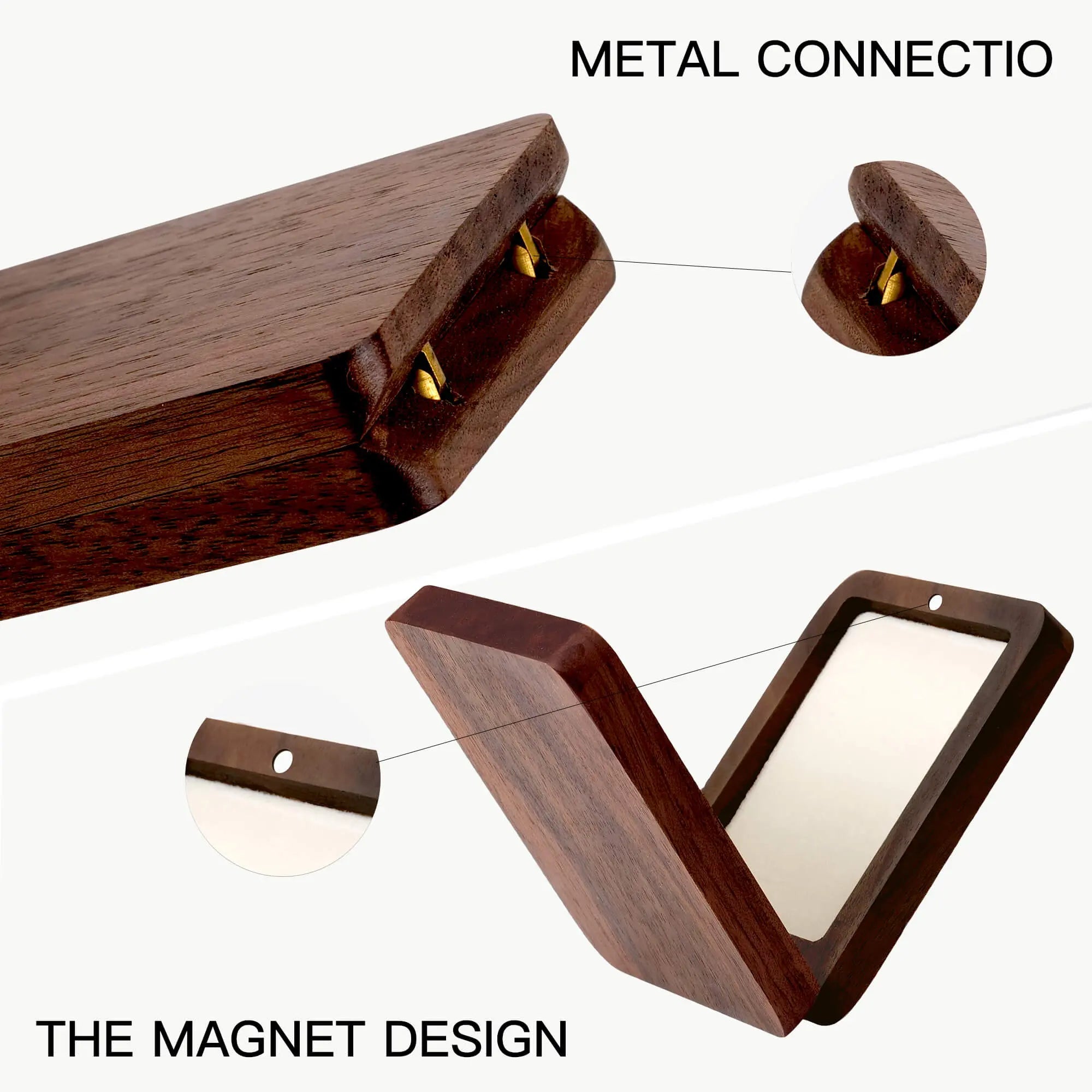 Vintage wooden medal box magnet design and metal connection detail - secure closure and hinge mechanism