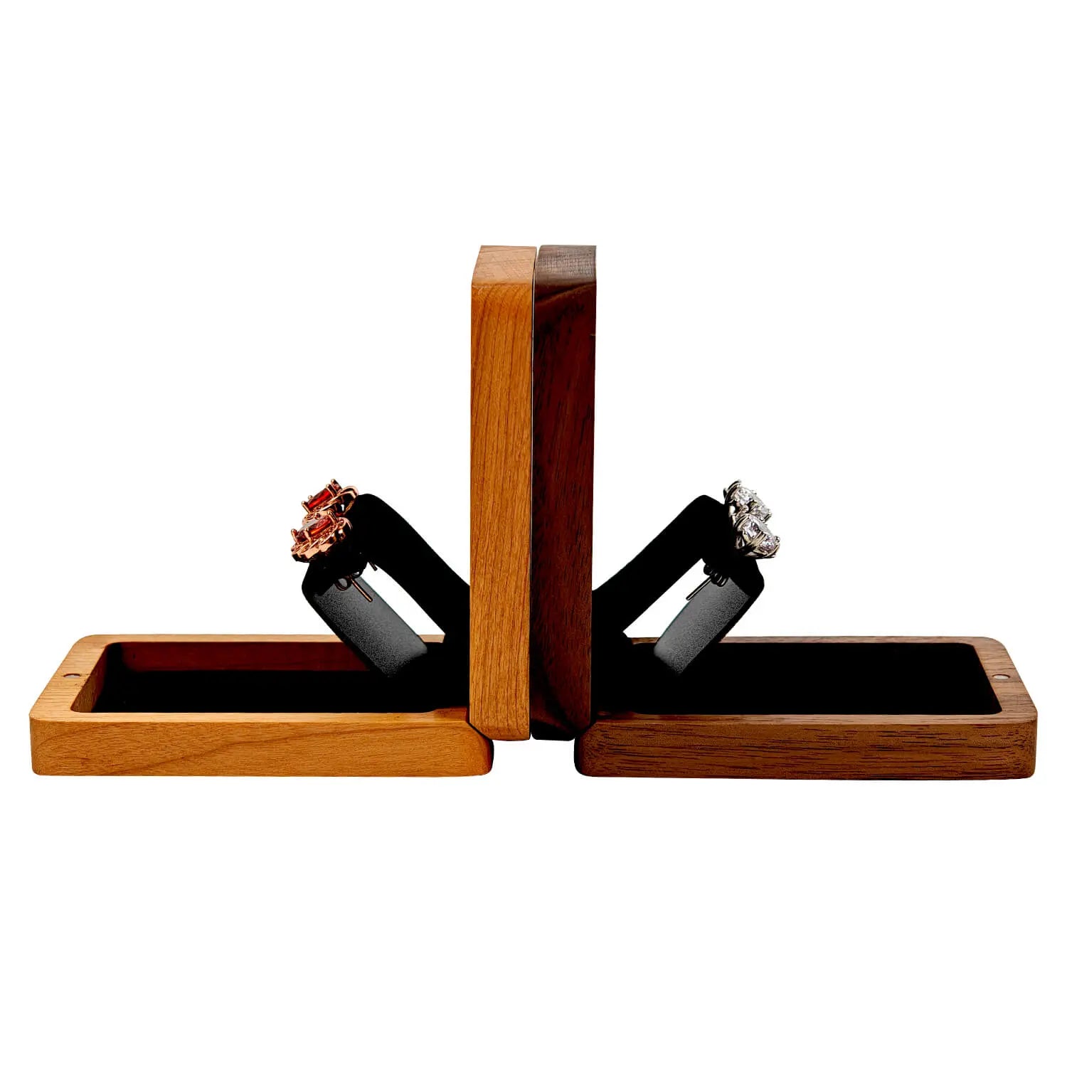 Black walnut and cherry wood earring boxes open 90 degrees - back-to-back dual material comparison