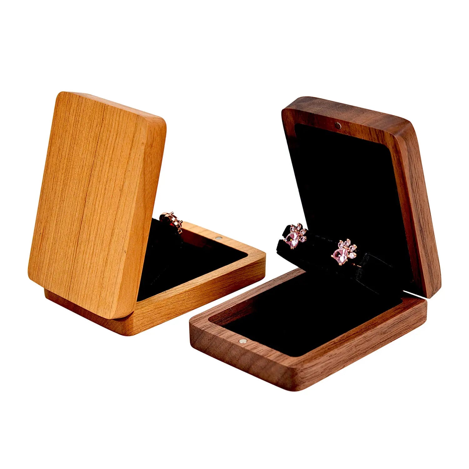 Black walnut and cherry wood earring boxes open staggered placement - dual finish comparison