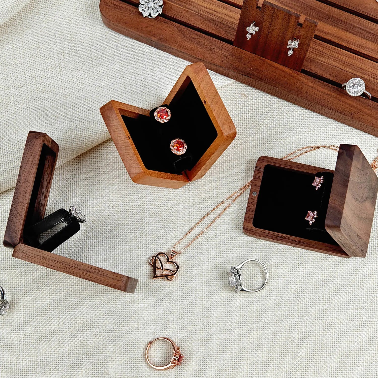 Three solid wood earring boxes multi-angle display - various positioning showcase