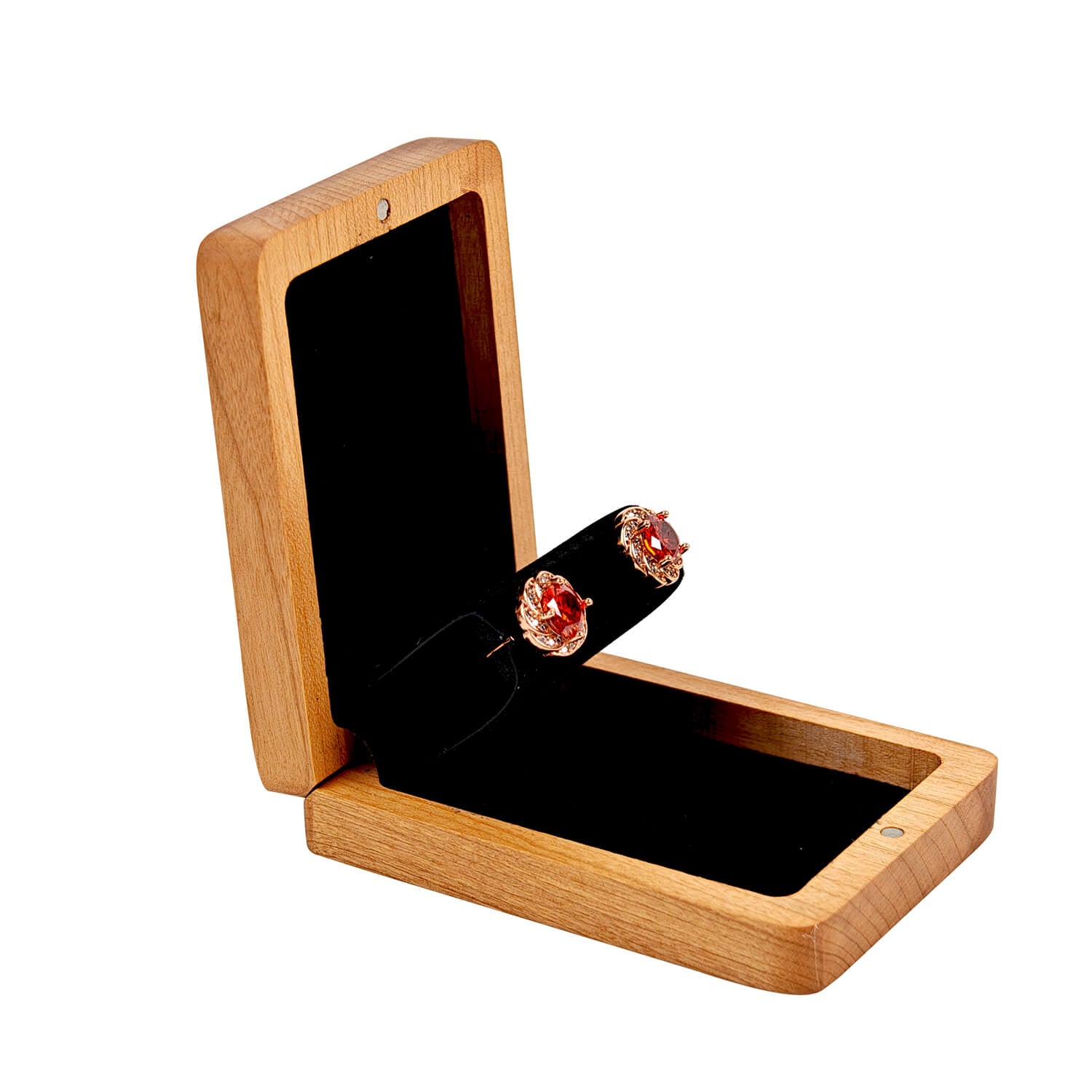 Cherry wood earring box open display with stud earrings - velvet interior with jewelry