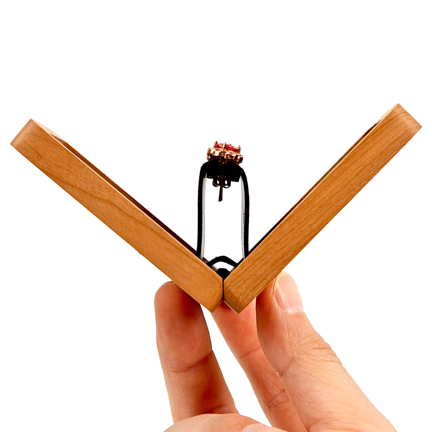 Cherry wood earring box open side view - magnetic closure and hinge detail