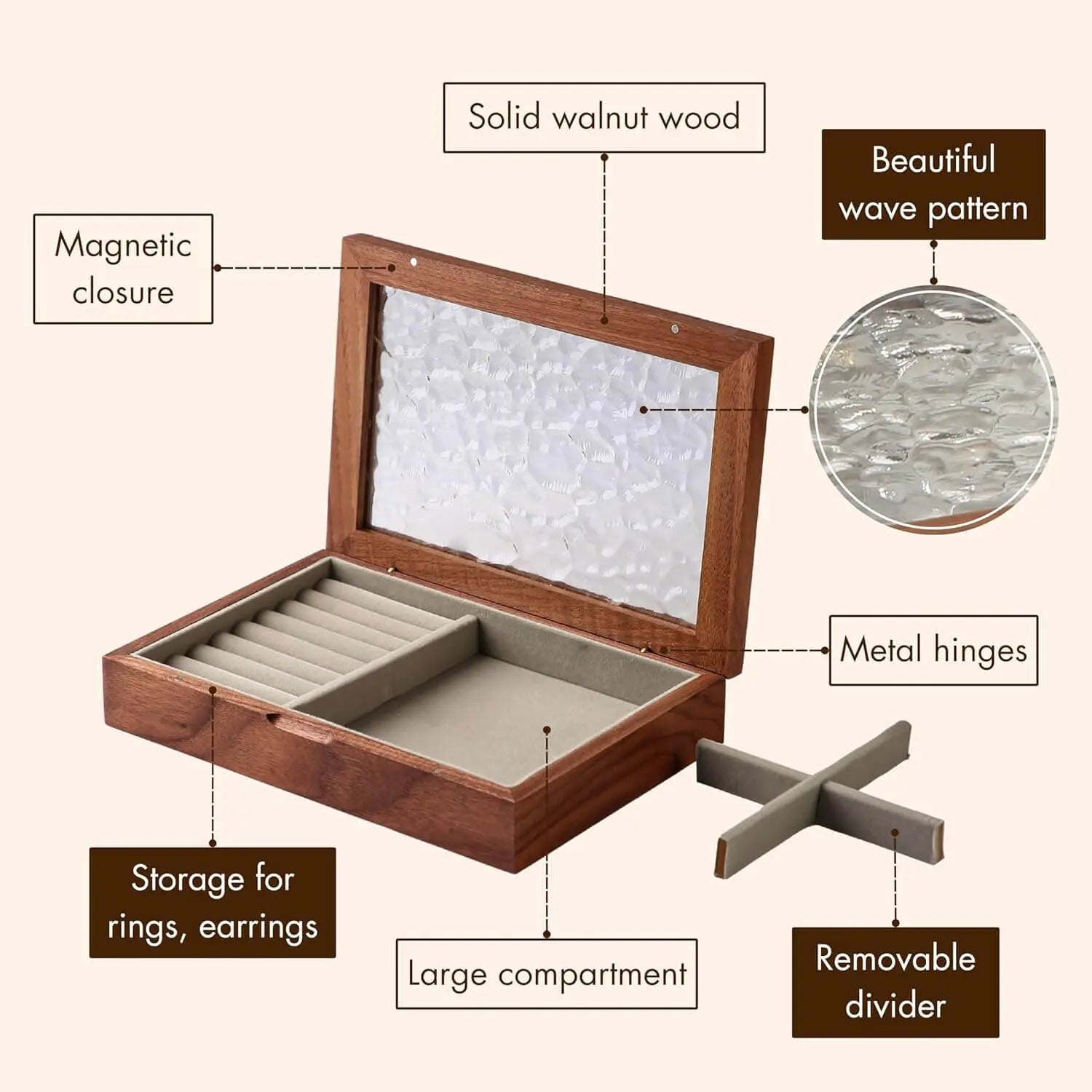 Solid wood jewelry box 7 key features - magnetic closure, walnut wood, wave pattern, metal hinges, ring and earring storage, large compartment, removable divider