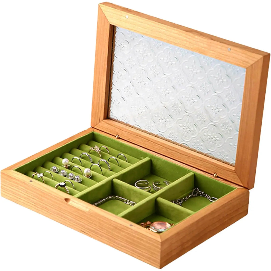 Black walnut wood jewelry box filled with rings, earrings, bracelets and necklaces - large capacity storage organizer