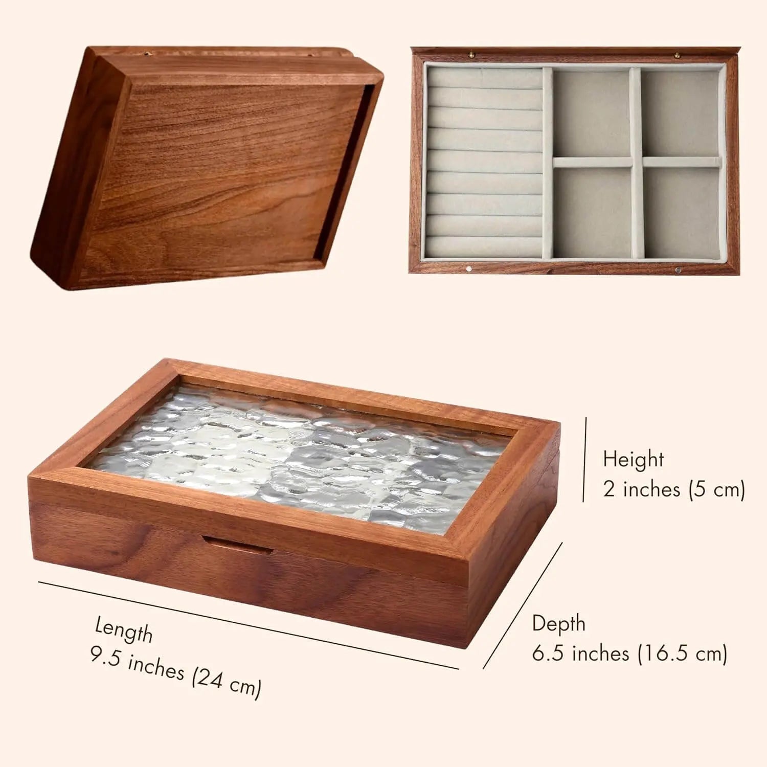 Solid wood jewelry box size specification chart - dimensions and measurements guide