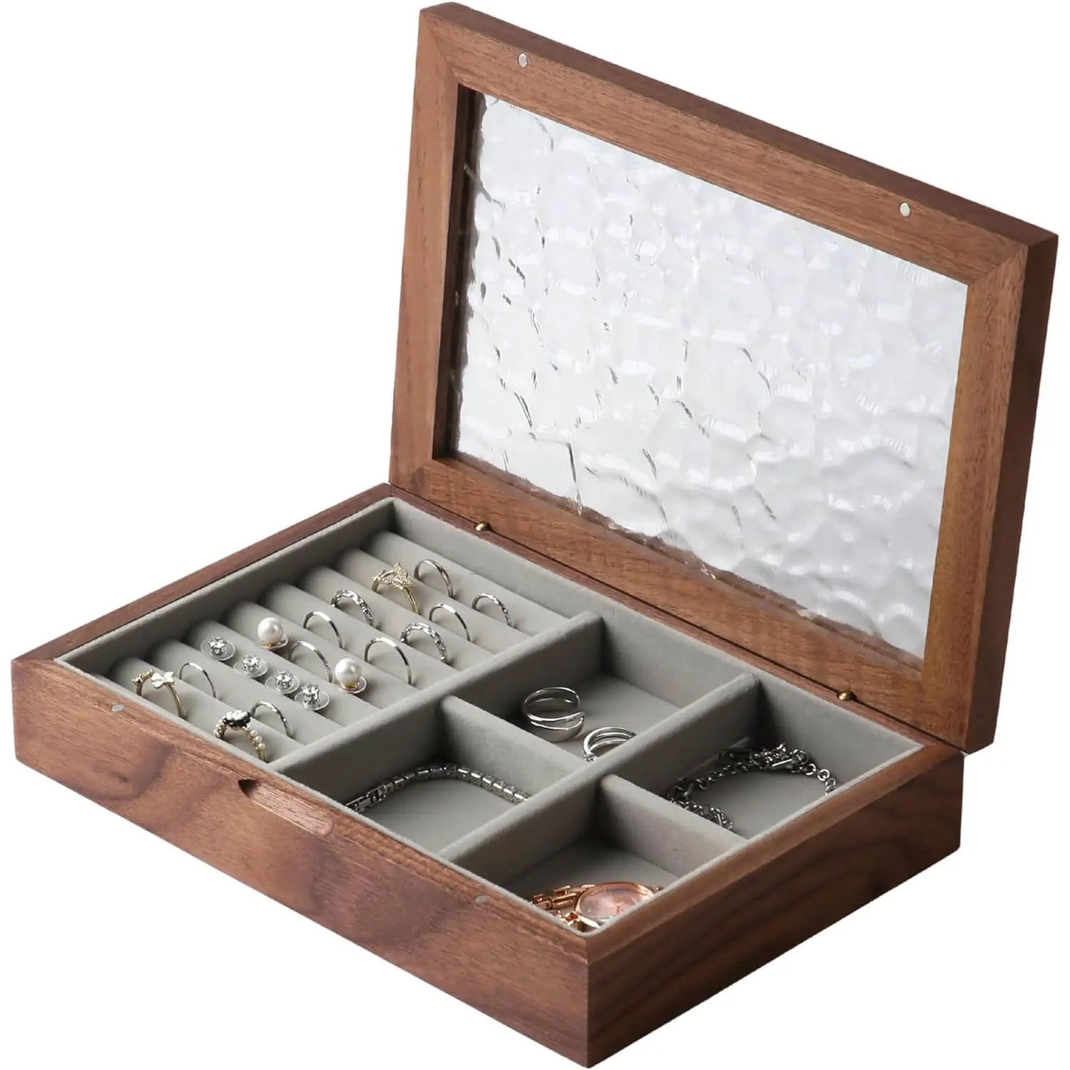 Black walnut wood jewelry box filled with rings, earrings, bracelets and necklaces - large capacity storage organizer